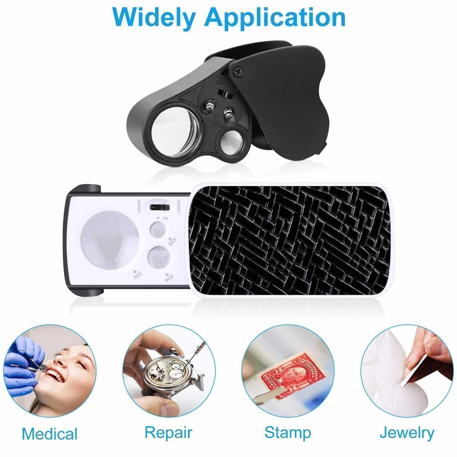 EEEKit 2 Sztuki Lupa Jubilerska LED ze Światłem, 30X 60X 90X Oświetlana Lupa Kieszonkowa do Inspekcji Monet, Znaczków, Kamieni, Roślin