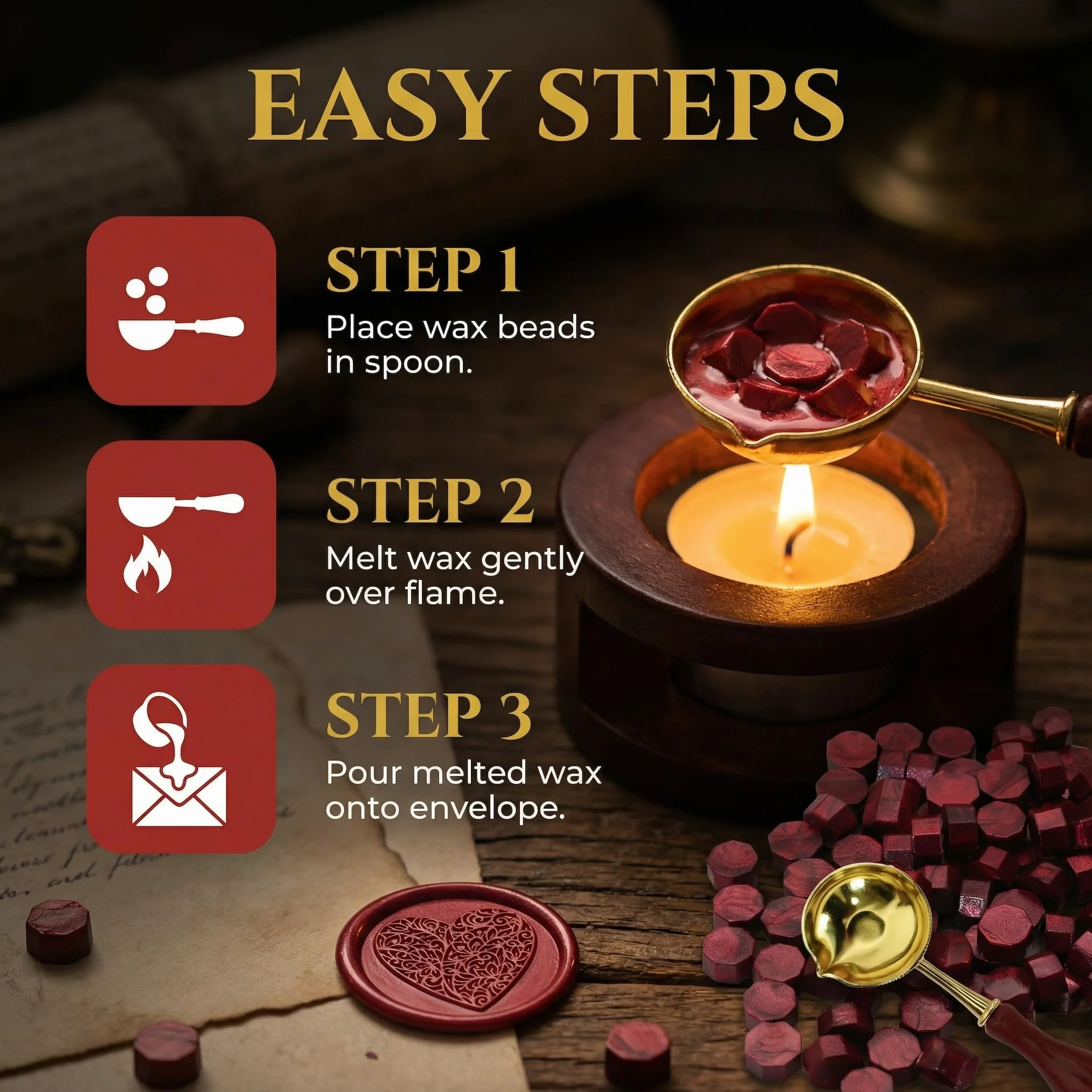 Zestaw 300 sztuk ośmiokątnych koralików z woskiem pieczęciowym z podgrzewaczem i łyżką do stempli