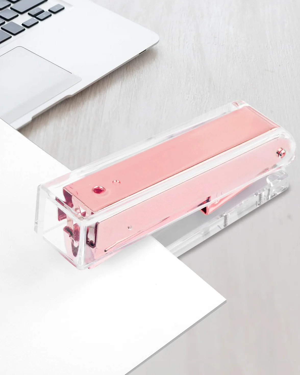 MSDADA Zszywacz biurowy, przezroczysty akrylowy zszywacz Easy Press, ergonomiczny design, nowoczesne akcesoria na biurko do domu, biura lub szkoły (różowe złoto)