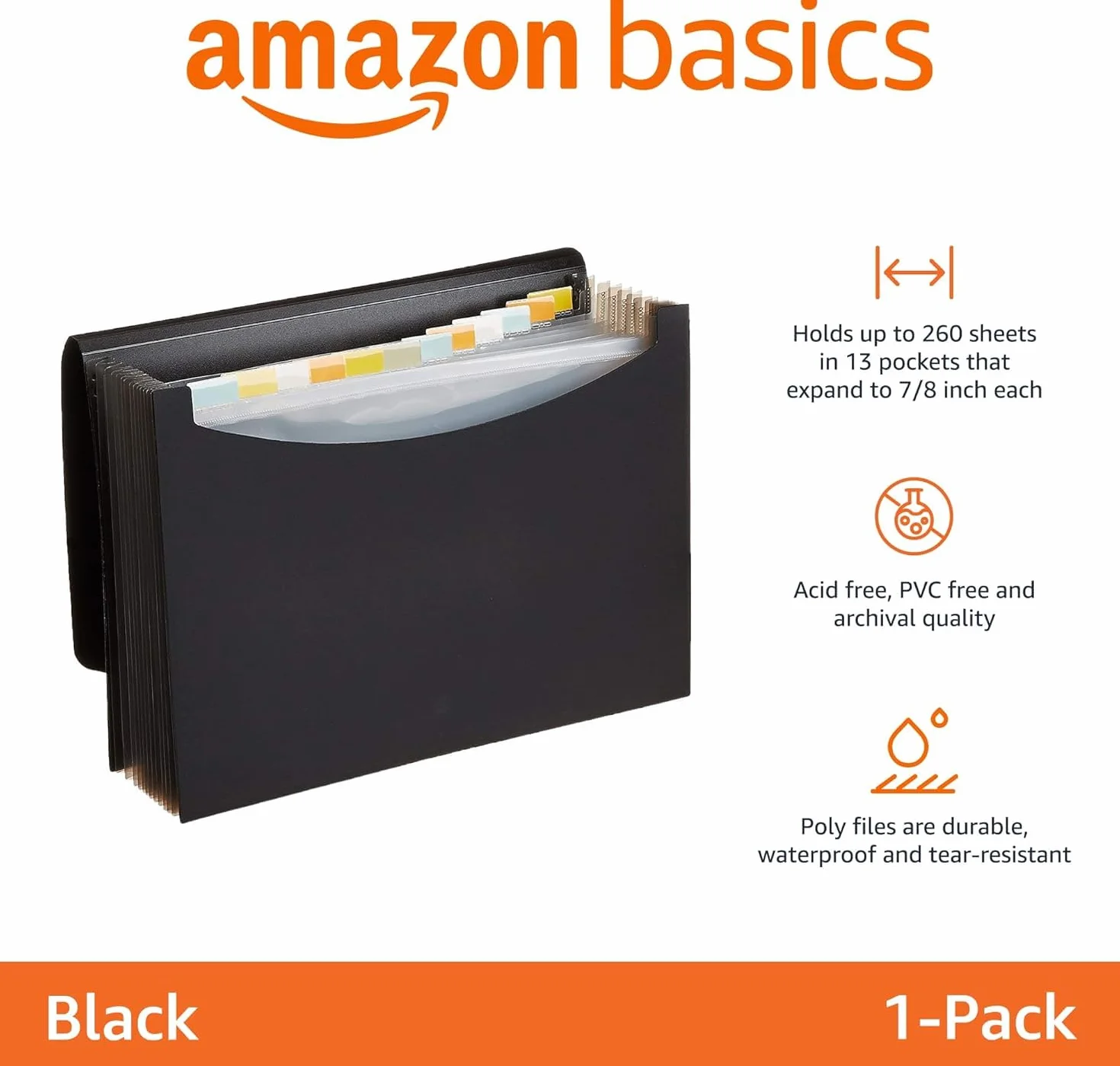 Amazon Basics Rozkładany organizer na dokumenty, wielkość listy, czarny, 1 sztuka