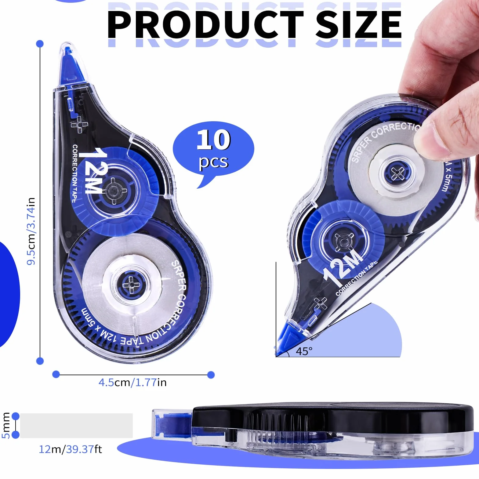 Jewan Korektor w kształcie myszy, 10 sztuk, 12 m x 5 mm, z nasadką ochronną i wałkiem korekcyjnym, idealny do biura, domowego biura czy szkoły