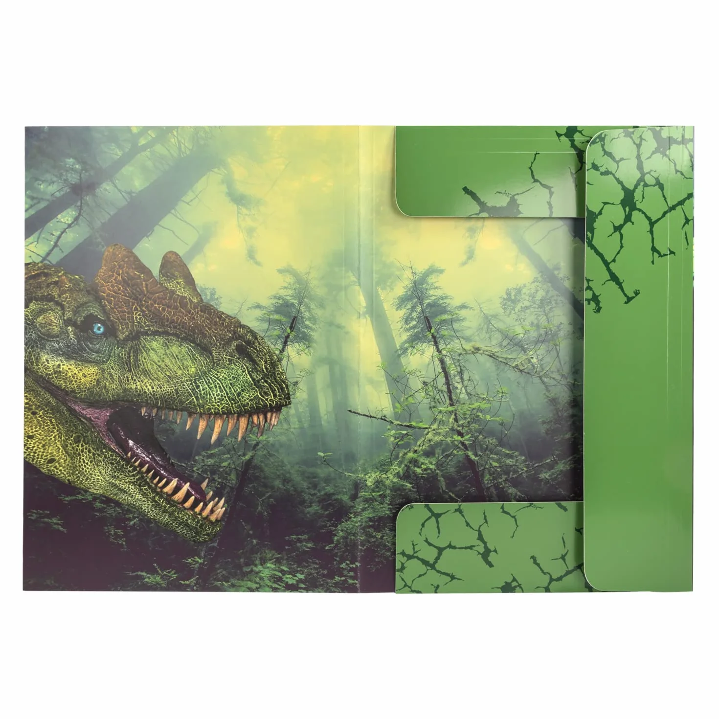 Idena 10840 - Teczka kolekcjonerska A3 z motywem dinozaura, wykonana z wytrzymałego kartonu, z wewnętrznymi klapkami i gumowym zamknięciem