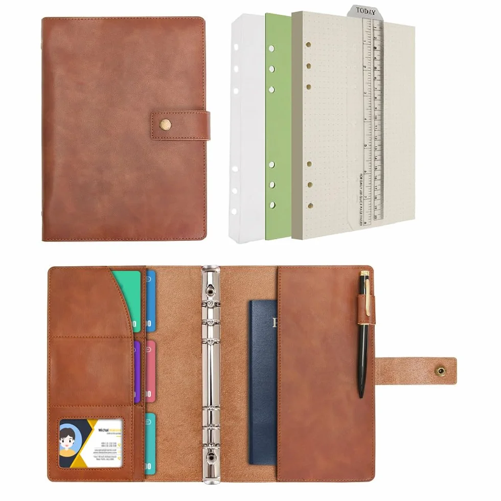 Wonderpool Binder skórzany dziennik zestaw wielofunkcyjny do wielokrotnego napełniania notatnik spiralny pamiętnik - kratka w kropki papier i kieszenie wewnętrzne z prawdziwej (Kawowy, A5)