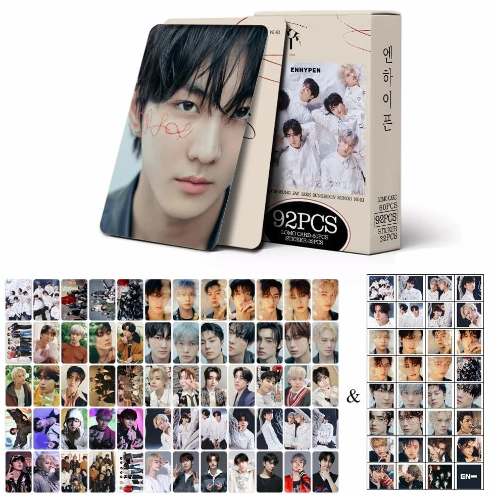 Enhypen Kpop 92 szt. Lomo-Cards Greeting Photocards 60 szt. pocztówek i 32 szt. naklejek (kolor biały)