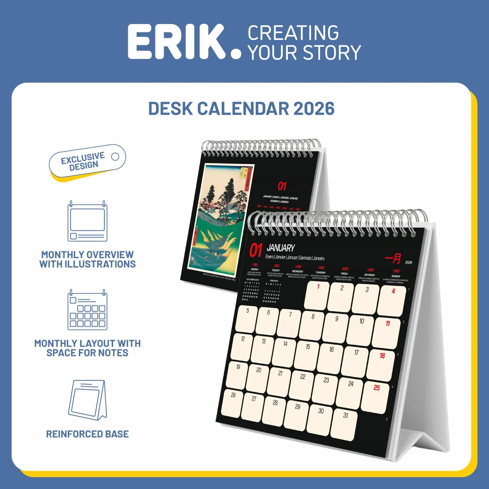 Grupo Erik Desk Calendar 2026 - Hiroshige Calendar 2026 Month To View | Monthly Desk Planner, Desktop Gifts Under 10 Pounds | Japanese Art Gifts For Friends