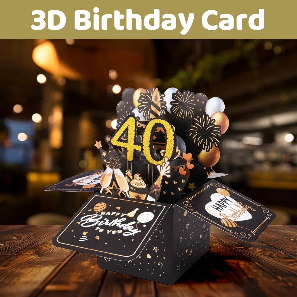 OFFCUP 40. urodzinowa karta 3D z życzeniami na 40. urodziny, wyskakująca karta z kopertą, kartki urodzinowe, prezent urodzinowy dla kobiet, dzieci, dziewczyn, mężczyzn (czarne złoto)