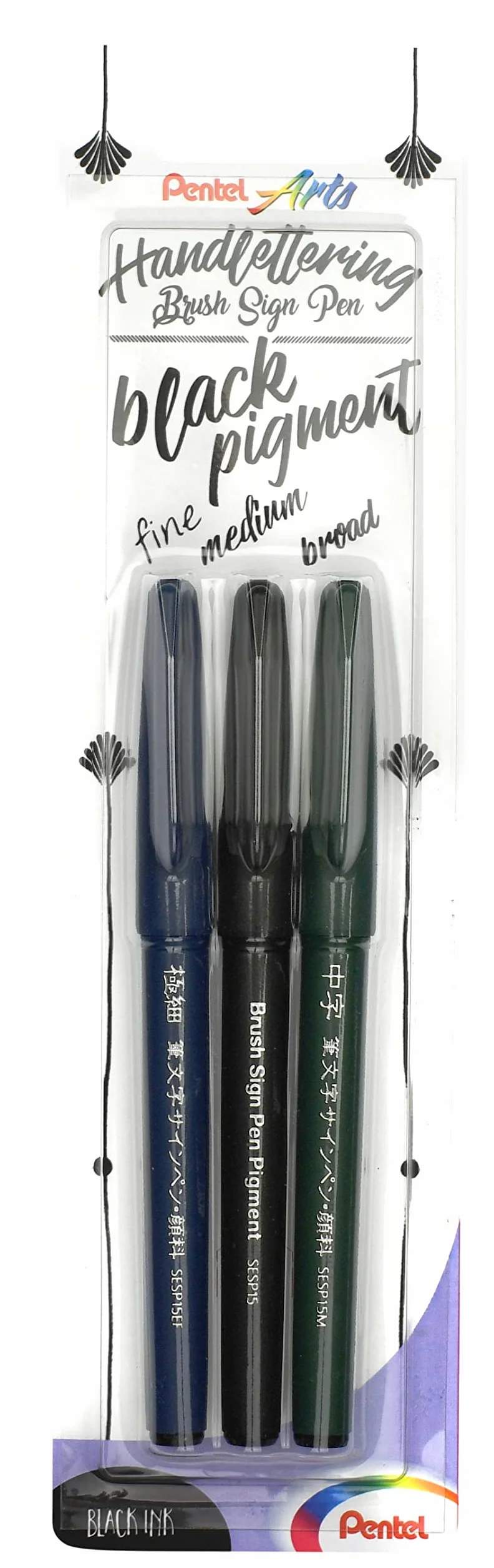 Pentel XSESP15/3 Brush Sign Pigment "Black Ink Edition" pisak do kaligrafii z elastyczną końcówką, blister z 3 grubościami kreski, pigmentowany tusz, kolor czarny