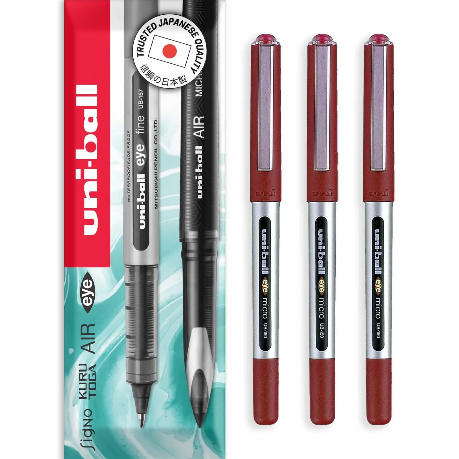 uni-ball EYE długopisy kulkowe UB-150 0,5 mm czerwony atrament 3 sztuki pudełko prezentowe