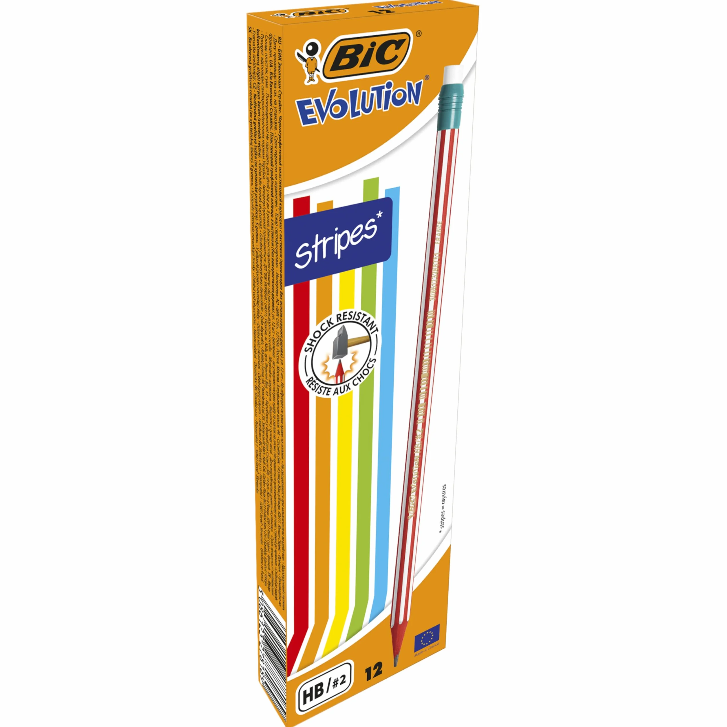 BIC Evolution Stripes ołówek HB z gumką – różne kolory obudowy, blister 12 szt.