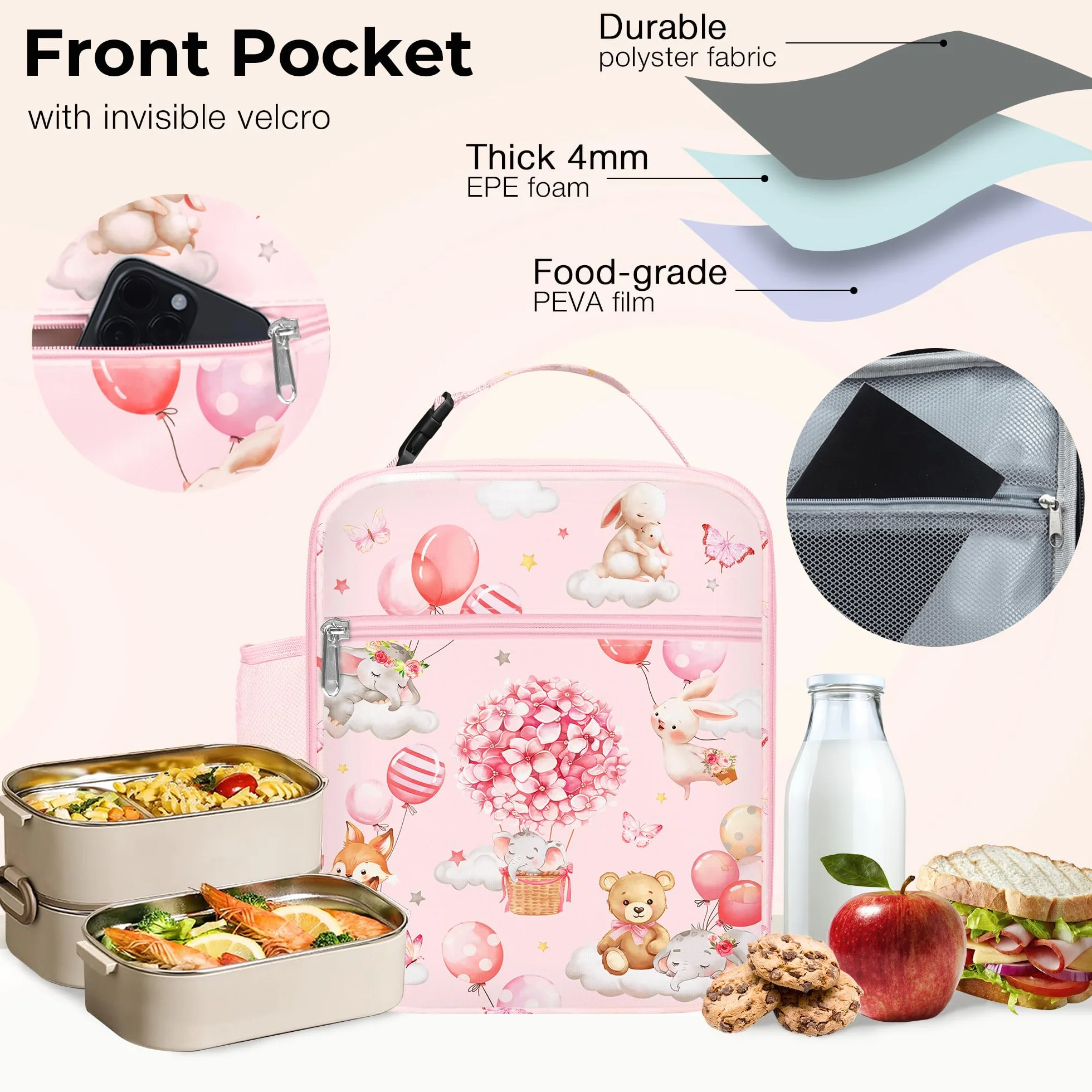 Clastyle Duża termiczna torba na lunch dla dzieci różowa izolowana torba chłodząca balon zwierzę