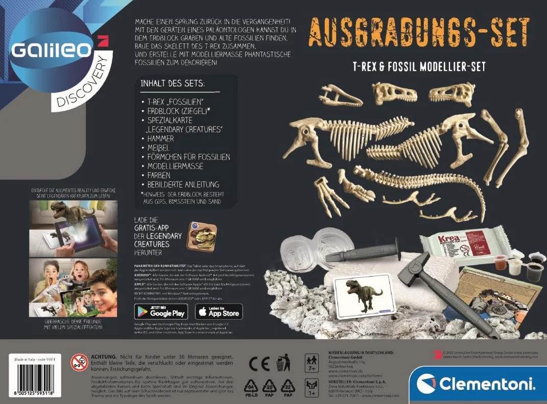 Clementoni Clementoni 59311 zestaw do modelowania Galileo Discovery - zestaw do modelowania T-Rex i Fossil - zestaw naukowców ze szkieletem dinozaura w zestawie młotek, dłuto i masa modelarska dla