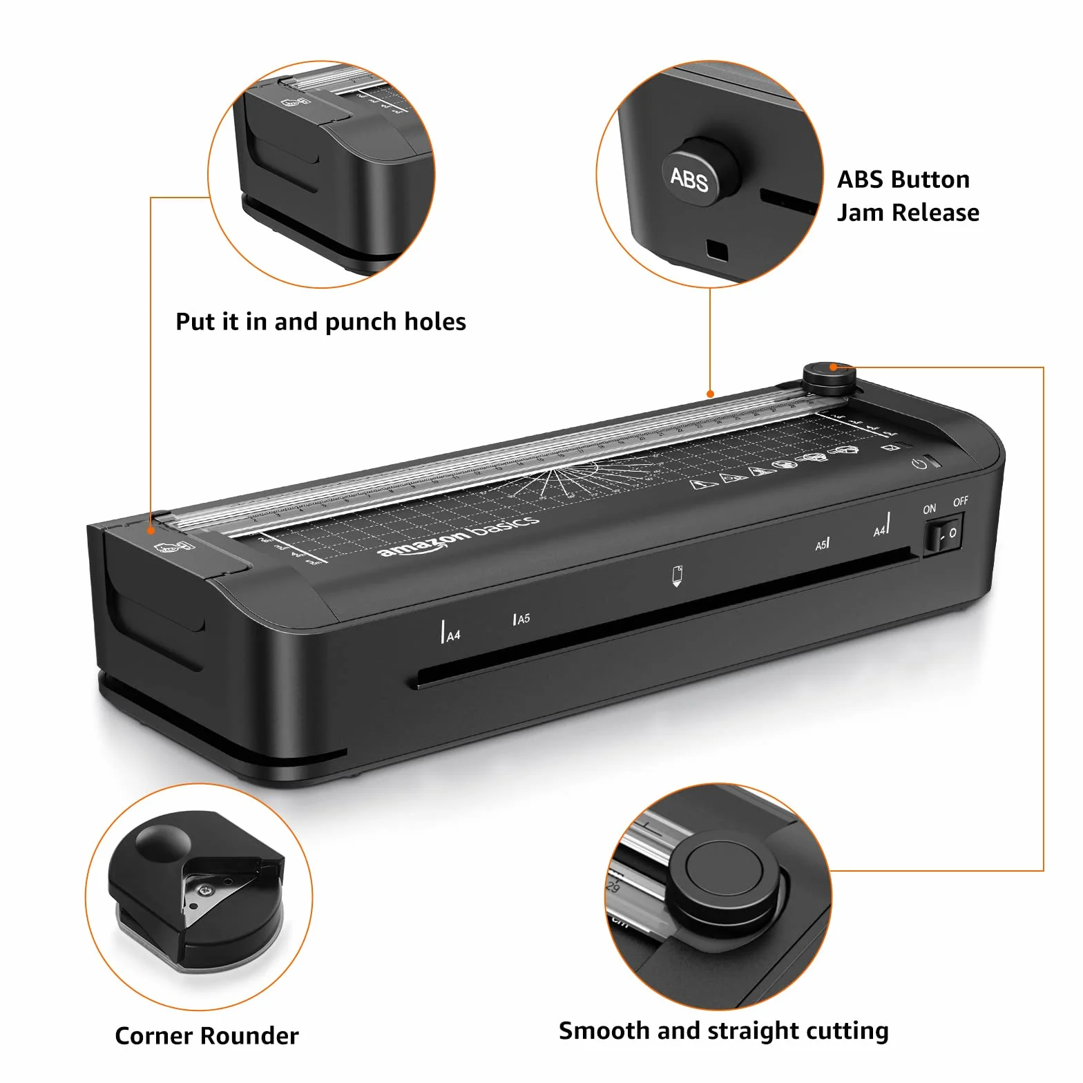 Amazon Basics Laminator termiczny 3 w 1 A4, cięcie, dziurkowanie, zaokrąglanie narożników, czarny