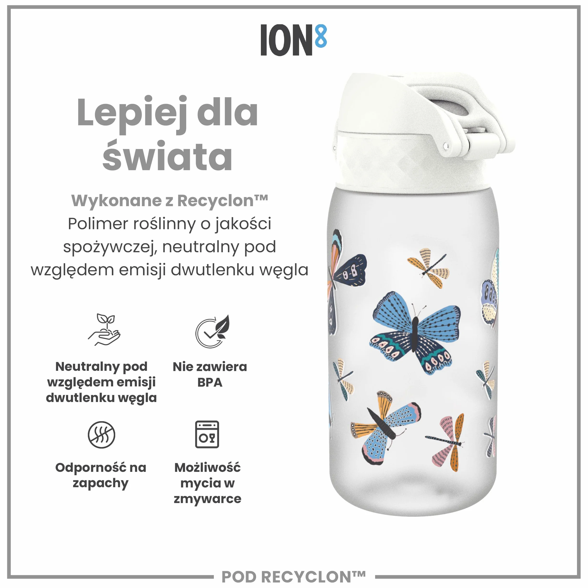ION8 Butelka dla Dzieci 350 ml Szczelna Bez BPA Można Myć w Zmywarce Wzór Motyle