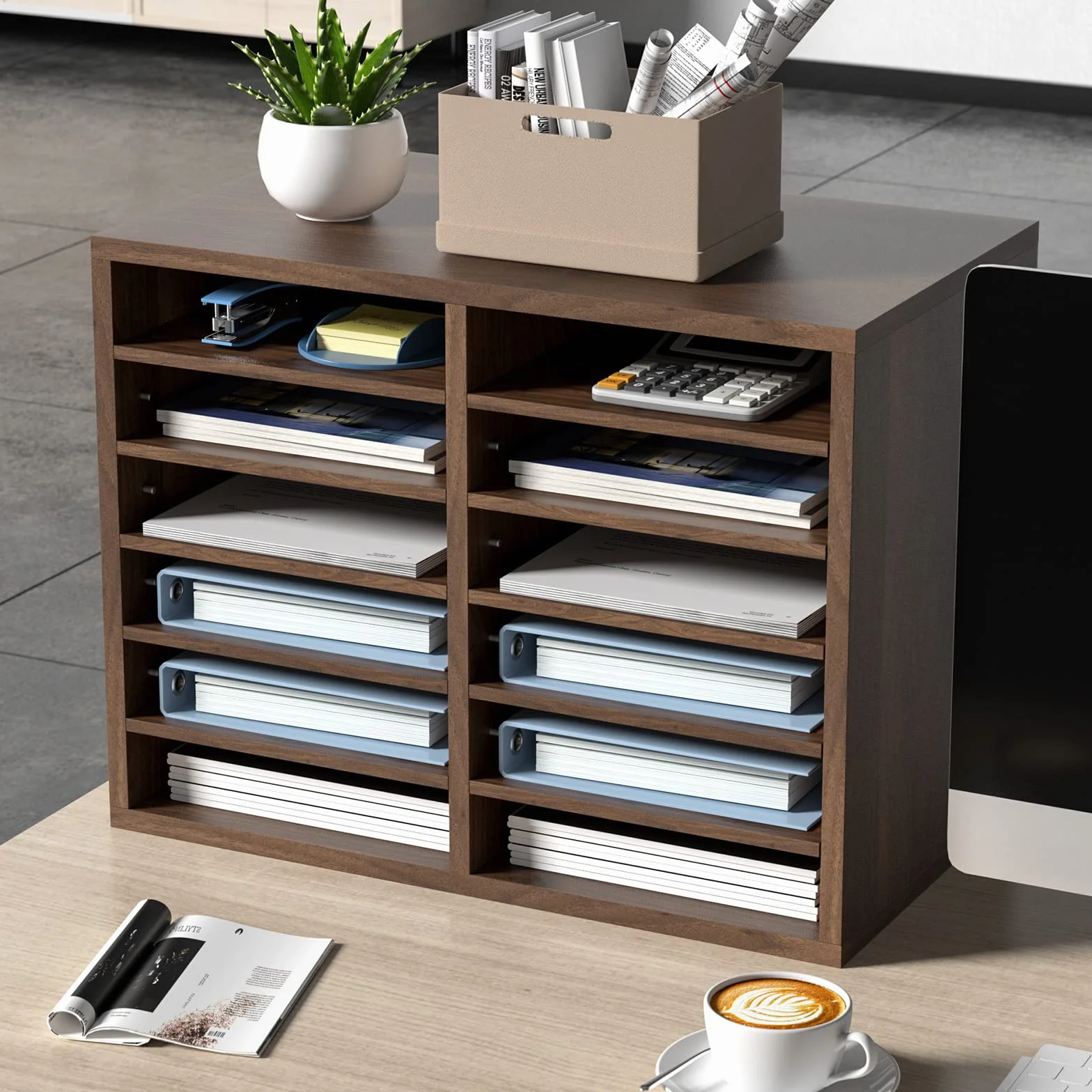 VEVOR Drewniany organizer na biurko 52 x 30,5 x 41 cm 12-komorowy sorter na dokumenty kosz pocztowy płyta wiórowa wyjmowana półka na dokumenty do przechowywania plików czasopism szkolnych brązowy
