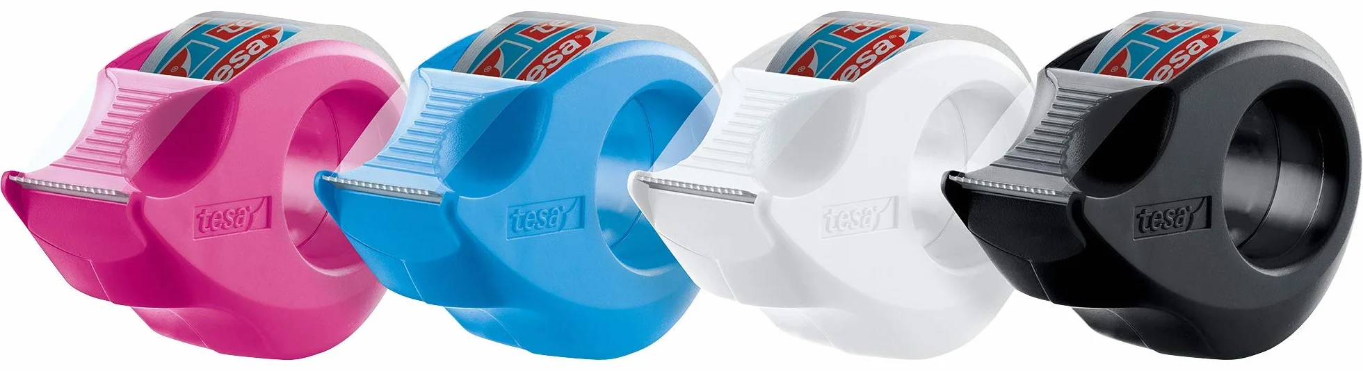 tesa tesafilm Mini dozownik różowy, niebieski lub biały z 2 x kryształowymi przezroczystymi kółkami, 10 m: 19 mm