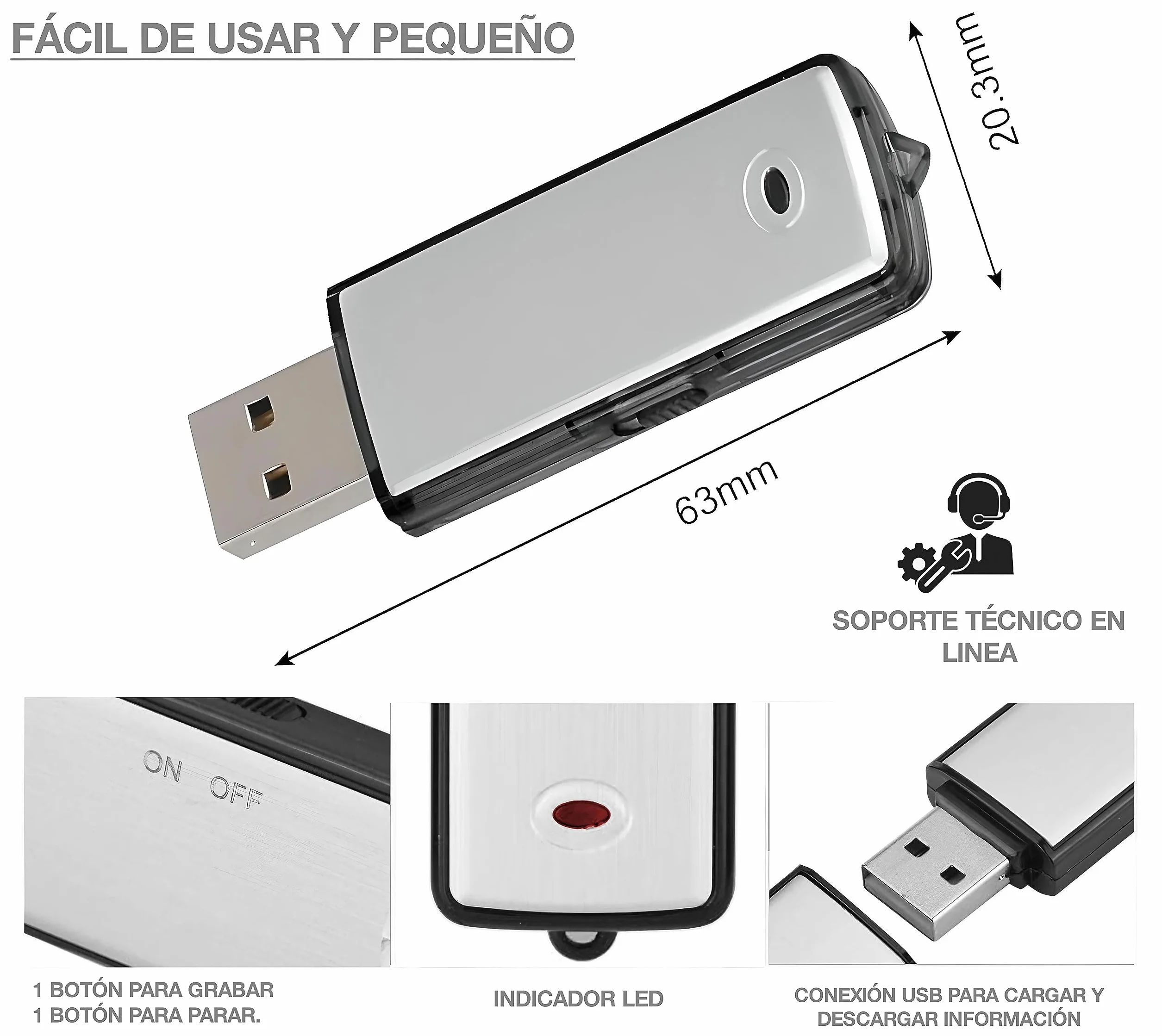 Cyfrowy dyktafon USB, mini dyktafon szpiegowski 8 GB, dyktafon szpiegowski USB do spotkań, wywiadów, wykładów, lekcji, z pamięcią do godzin nagrywania