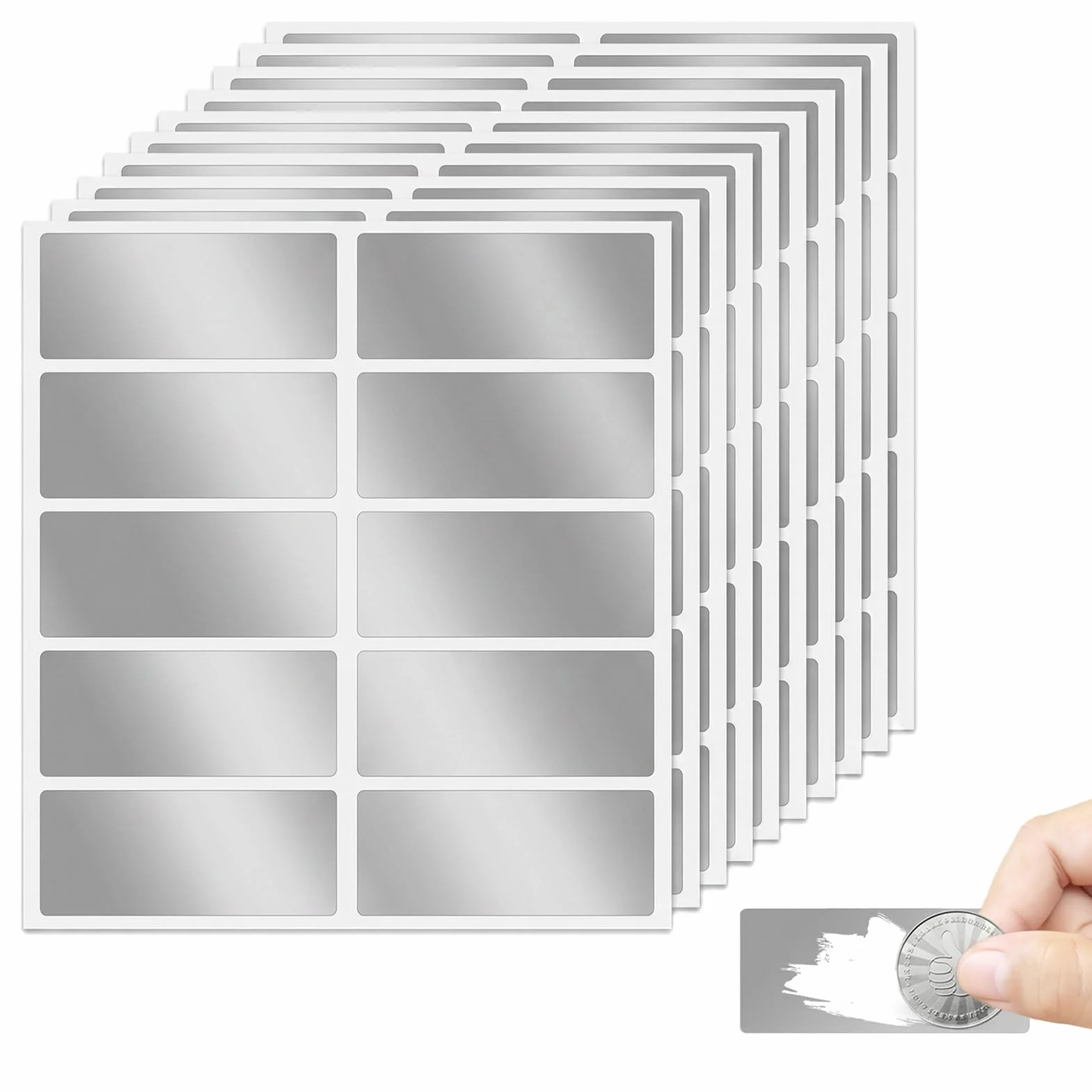 Naklejki do zdrapywania 60 x 25 mm, srebrne, z metalową monetą, zestaw 100 sztuk