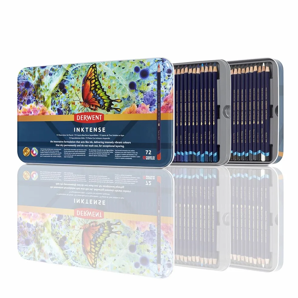 Derwent Inktense Zestaw 72 Trwałych Wodorozpuszczalnych Kredek Rdzeń 4 mm Metalowe Pudełko