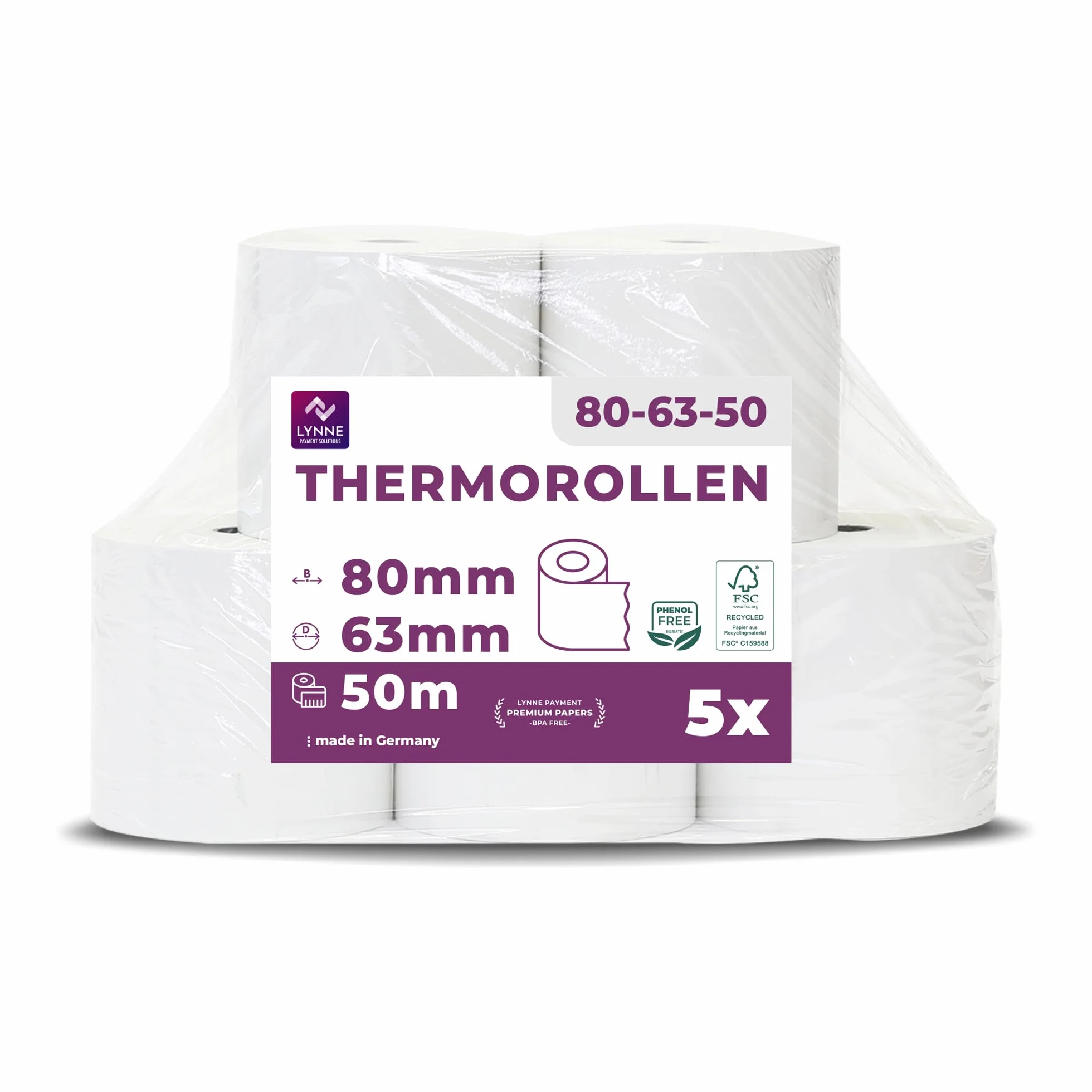 5 sztuk rolek termicznych/rolek do bonów/rolek kasowych 80 mm x 80 m x 12 mm (80 x 80 x 12) do wszystkich powszechnie stosowanych drukarek atramentowych z papieru termicznego – nie zawiera BPA (B: 80 mm – Ø 63 mm x 50 m – 5 sztuk)