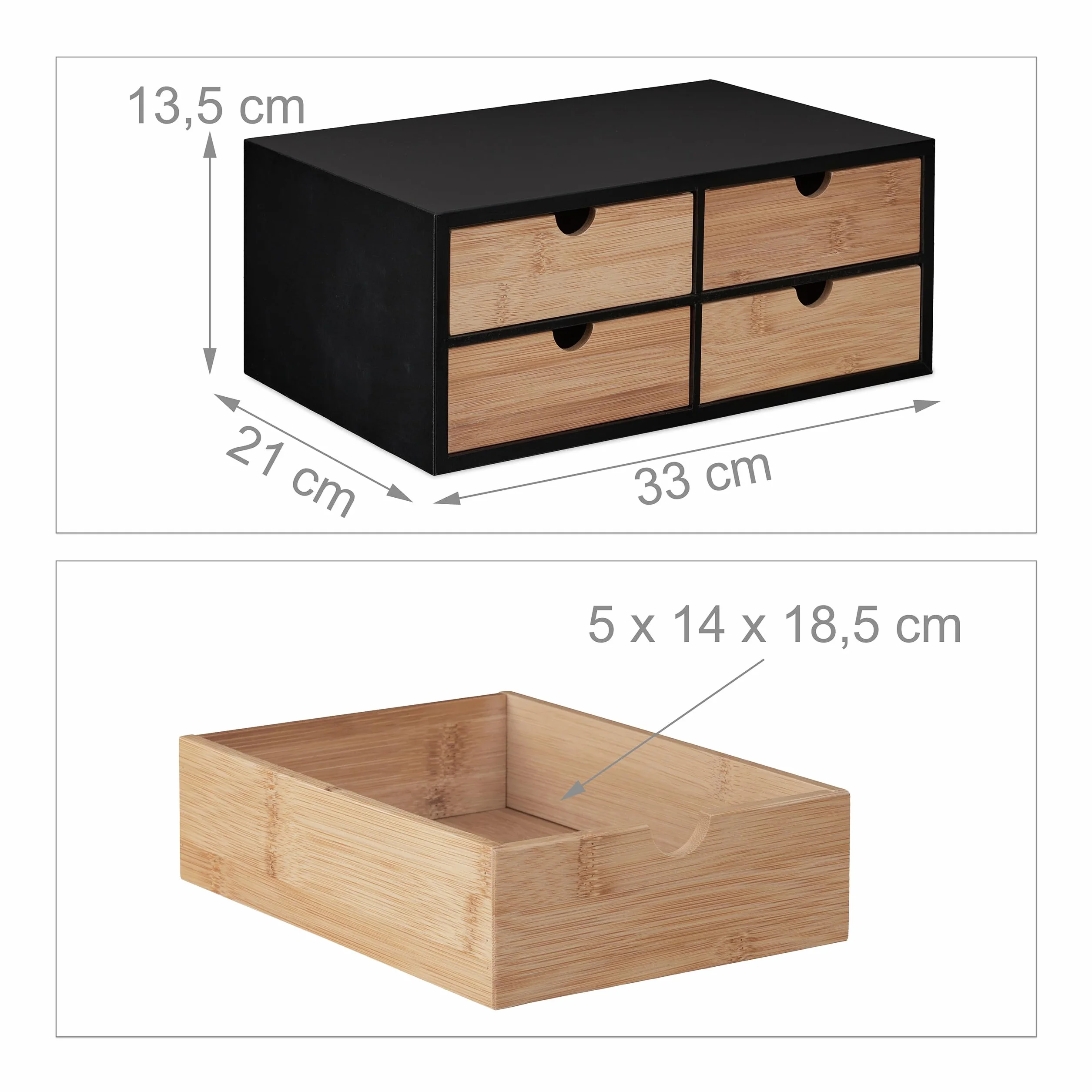 Relaxdays Organizer na biurko 4 szuflady bambus MDF 13,5 x 33 x 21 cm naturalny czarny