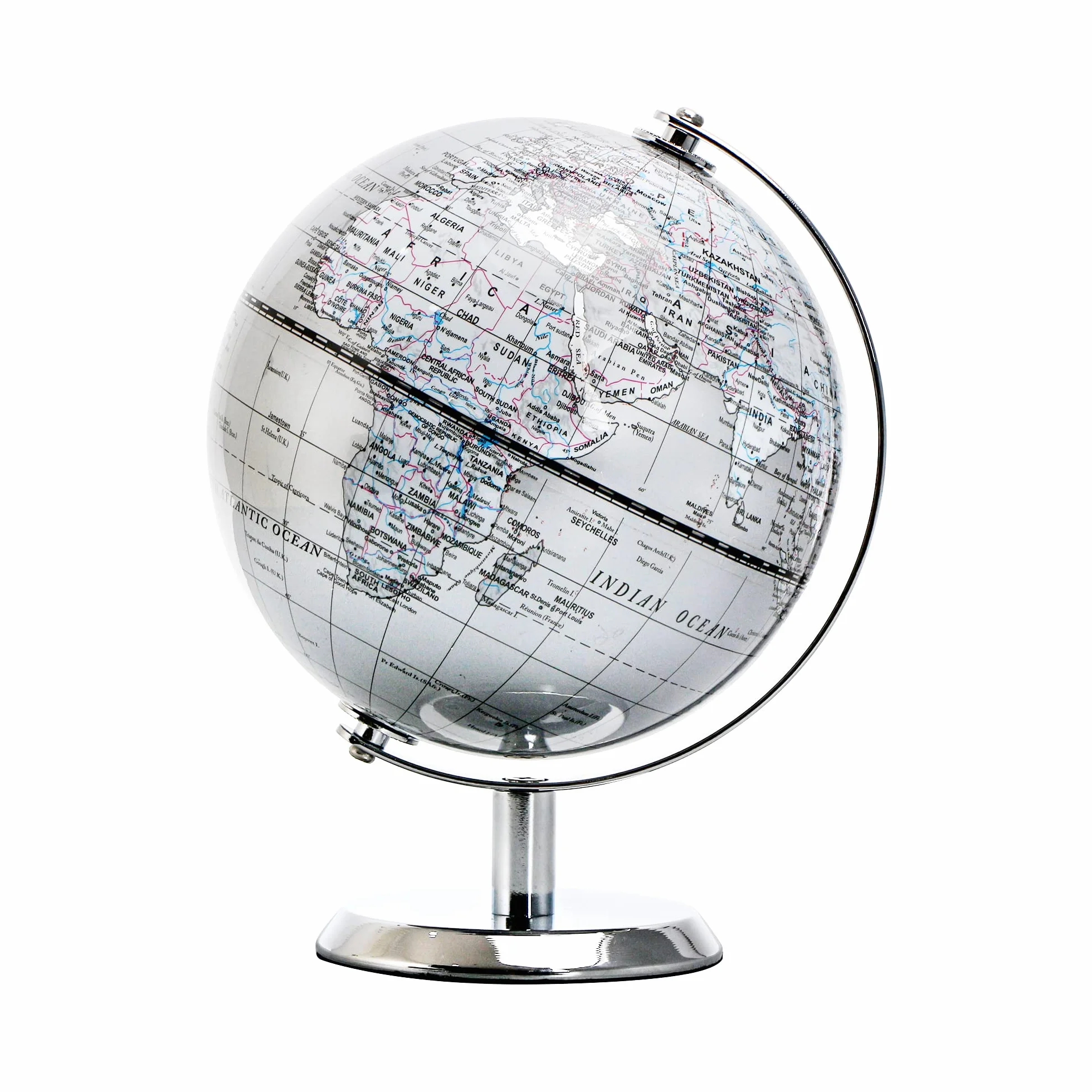Globus świata srebrny 14 cm mini edukacyjny geograficzny dekoracja biurka stal nierdzewna srebrnoszary