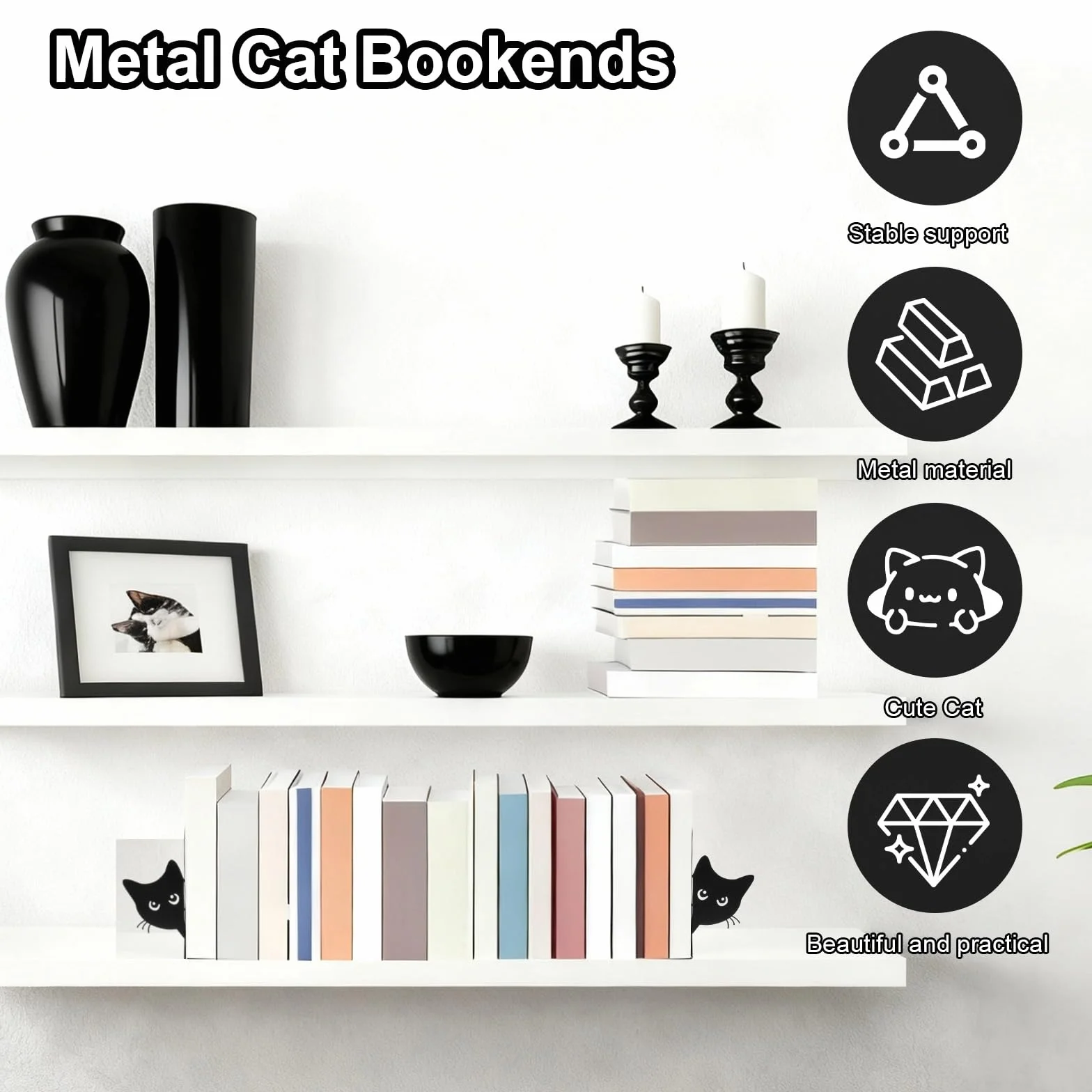 2 sztuki kreatywne podpórki na książki w kształcie kota, 15 x 4 x 18 cm, podpórki na książki metalowe, czarne, podpórki na książki z metalu, podpórki na książki, uchwyty na książki do regału