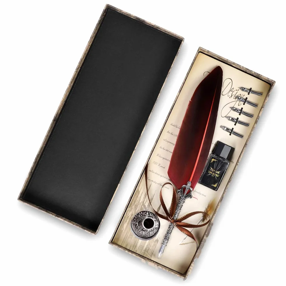 Quill Pen antike Kalligraphie Feder handgemachte Feder und Tinte Set, calligraphy set für englische Schrift, Vintage Executive Briefpapier Geschenk mit Flasche Nib Bases (rot)