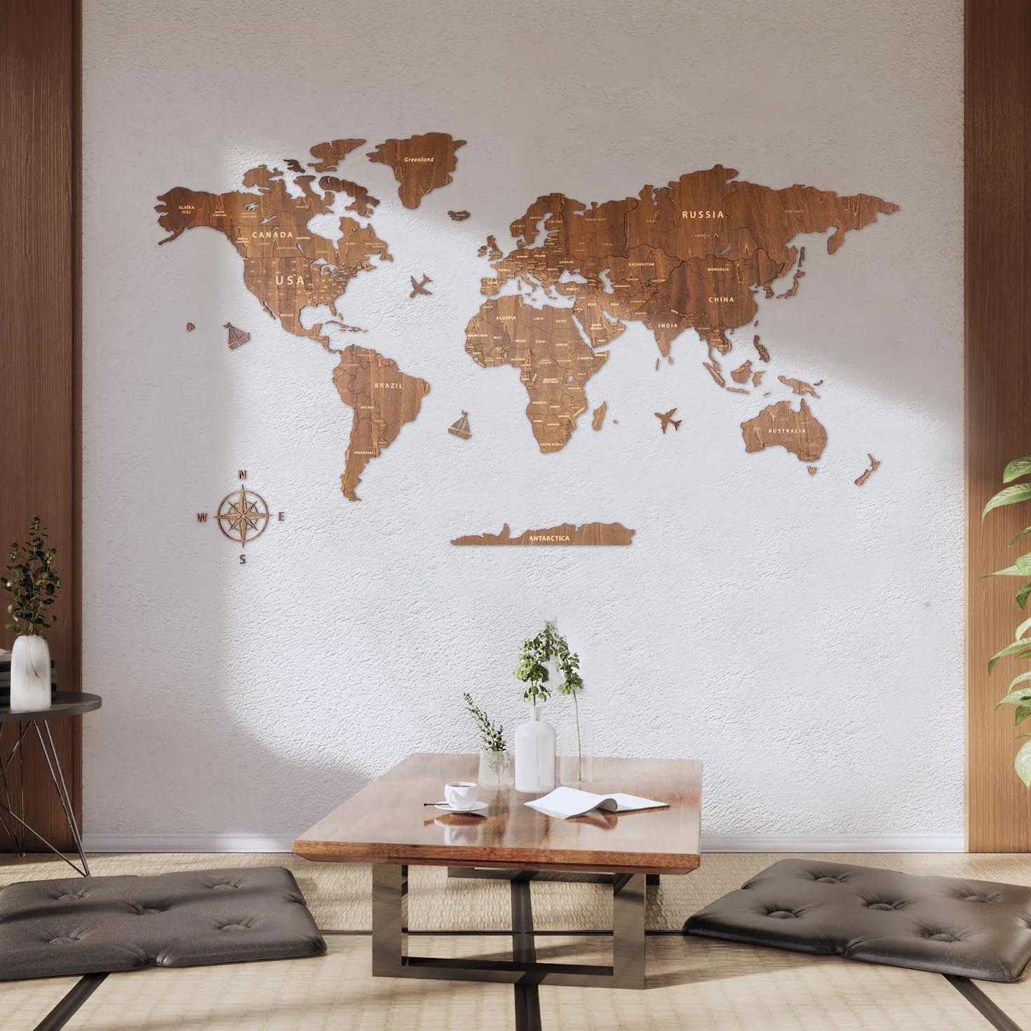 Creawoo Drewniana mapa świata Wall Art, orzechowe drewno mapa podróży do salonu, sypialni, dekoracji biura, idealny prezent dla pary, Housewarming (150x85cm)
