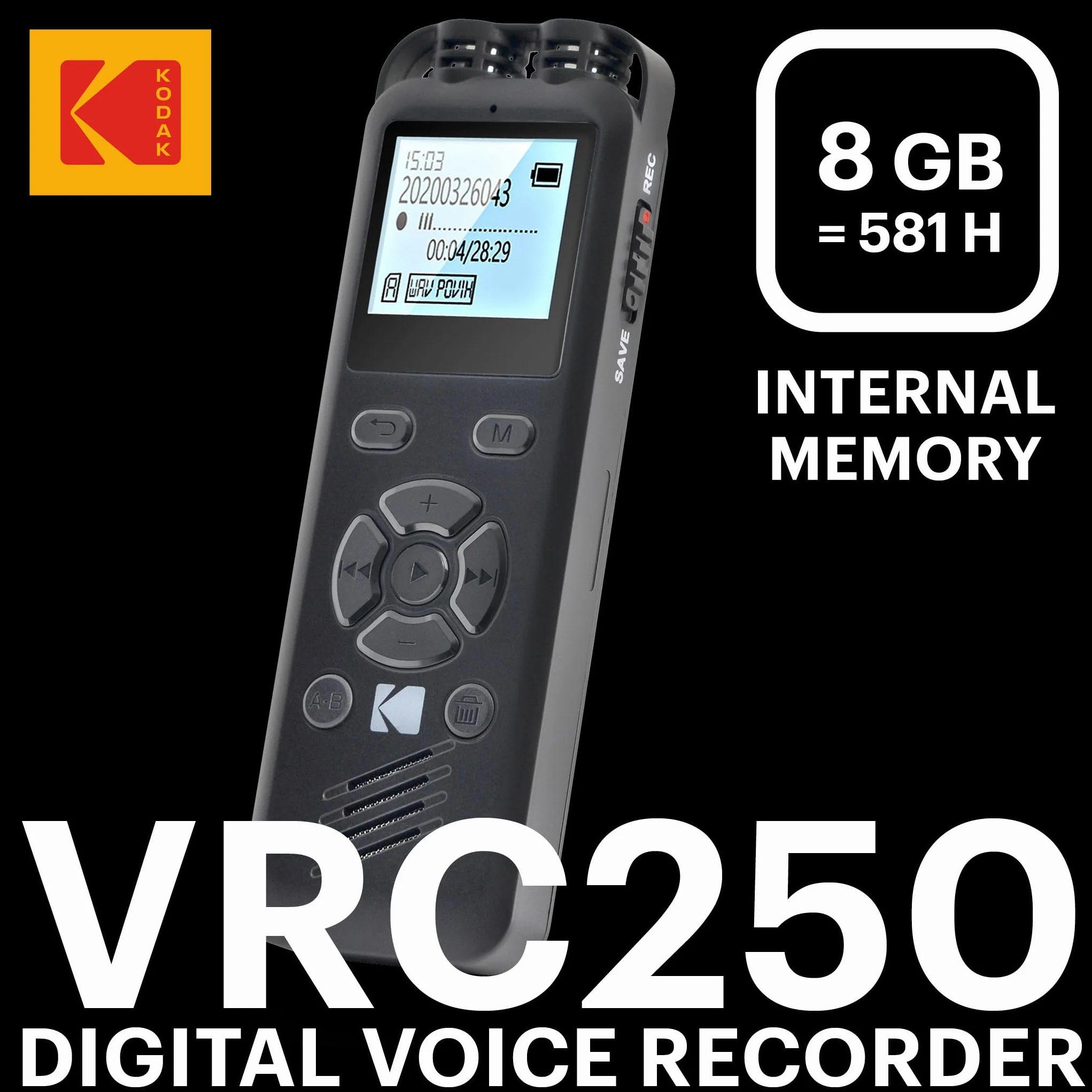 KODAK VRC250 - Dyktafon cyfrowy, 8 GB, ekran 1,4, Plug and Play, odtwarzacz MP3, akumulator litowy - czarny