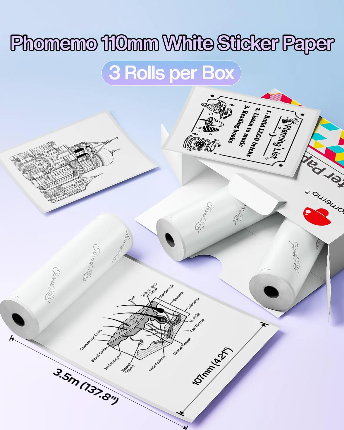Phomemo Biały samoprzylepny papier termiczny 110mm, kompatybilny z Phomemo M04S/M04AS bezprzewodowa drukarka do telefonów komórkowych, 110mm x 3,5m (4,33 "x 138"), czasopism, edukacji,naklejek,3 rolki