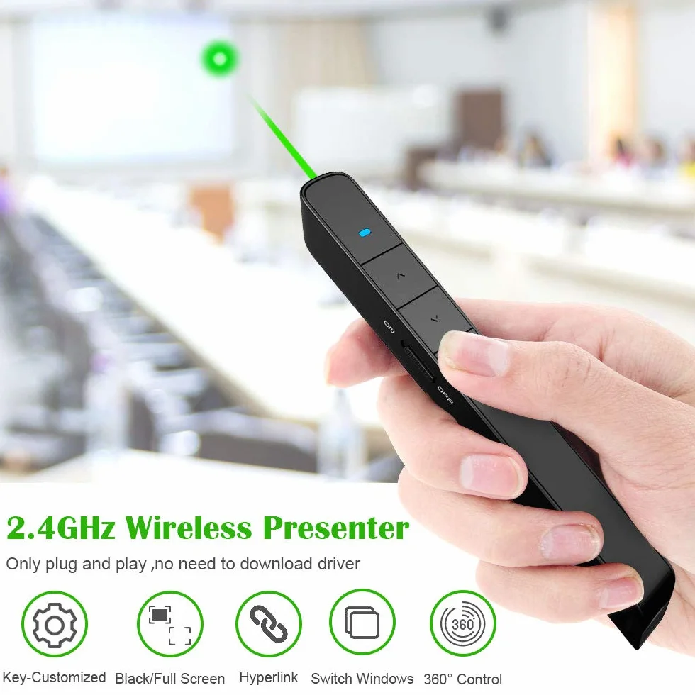 Wielofunkcyjny prezenter NORWII N75 zielony wskaźnik laserowy ładowany 100 M/330 FT bezprzewodowy prezentator USB wskaźnik do prezentacji laserowej PowerPoint Clicker wsparcie odtwarzania/pauzy