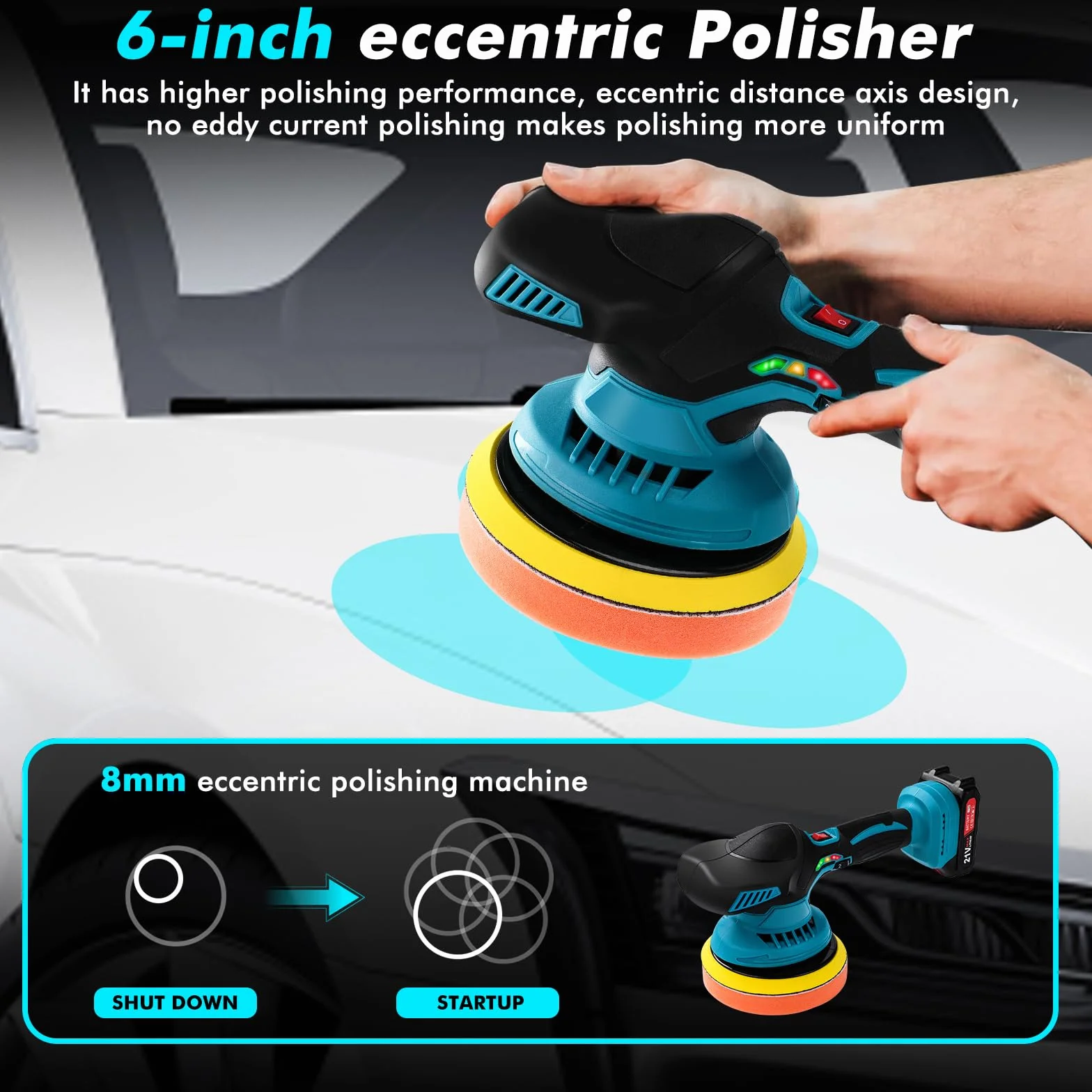 Bezprzewodowa polerka samochodowa, polerka orbitalna, 15 cm, 2 baterie 21 V, 1500 mAh, 13 końcówek, 6 zmiennych prędkości 5500 obr./min