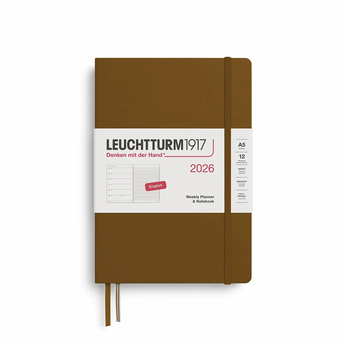 LEUCHTTURM1917 372662 kalendarz tygodniowy i notatnik średni (A5) 2026, Spice Brown, angielski
