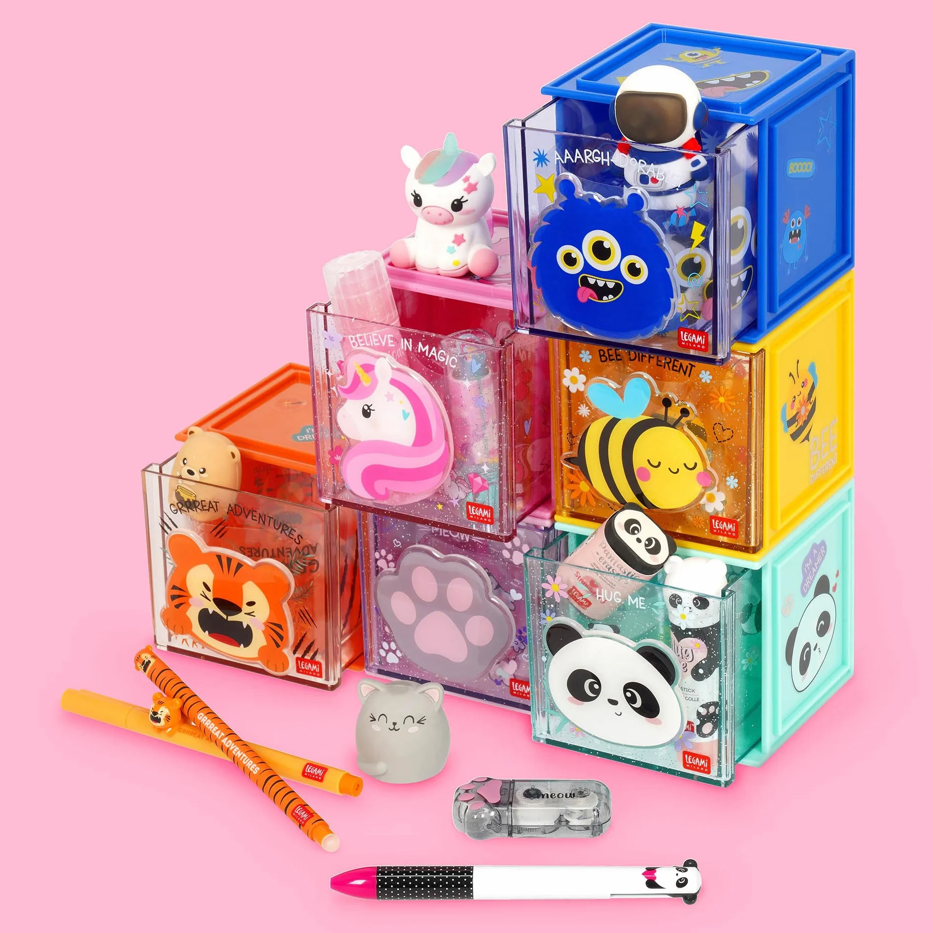 Legami - Cutie Cubes Modułowe pudełko na biurko, panda, organizer na biurko, do przechowywania, łącznie z arkuszem z naklejkami, możliwość układania w stos, wielofunkcyjny, ABS, 90 x 90 x 100 cm