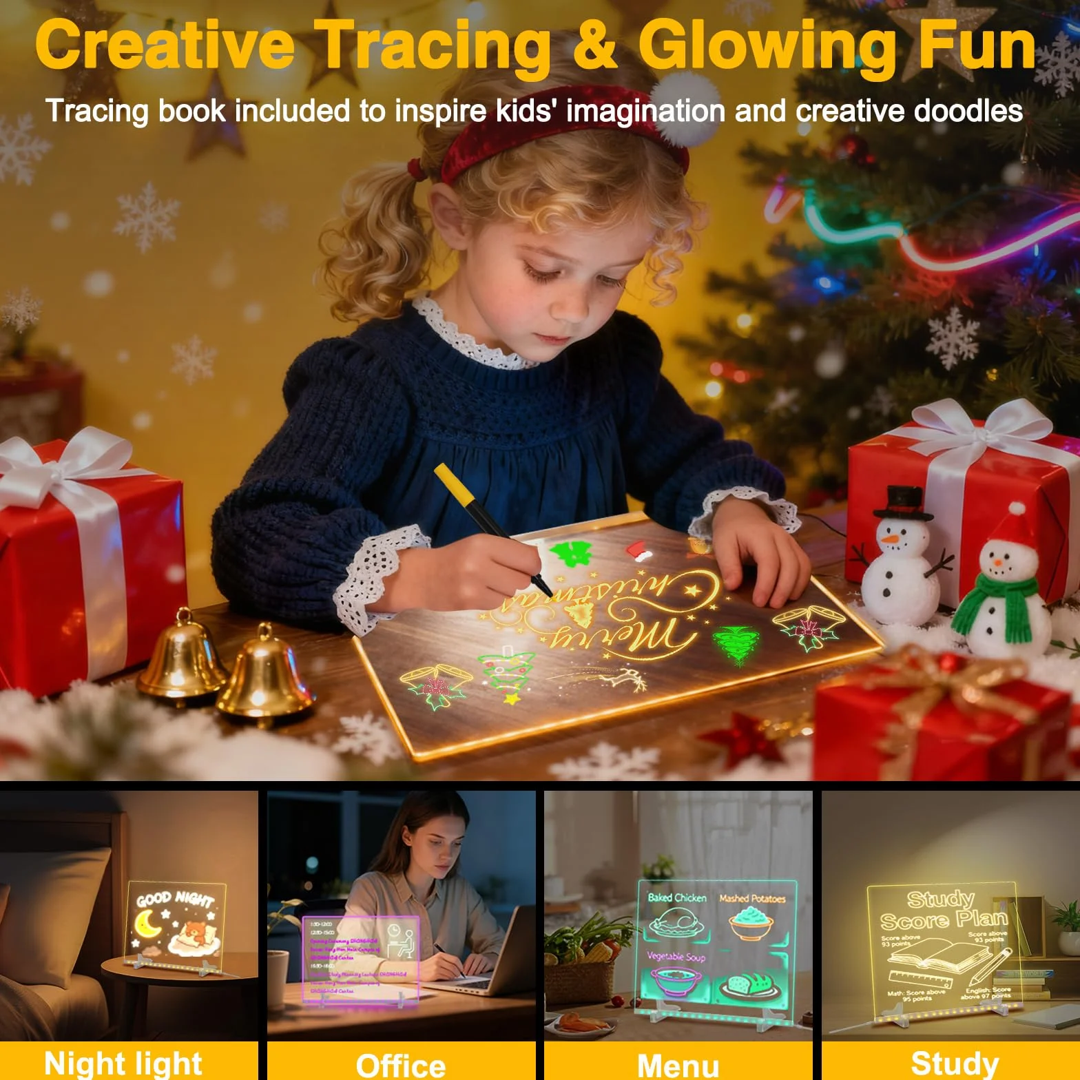 Tablica akrylowa ze światłami LED 35 x 25 cm, tablica informacyjna LED, z 7 kolorami długopisu i uchwytu, magiczna tablica dla dzieci, przezroczysta tablica do pisania, dla dzieci, szkoły, baru (35 x