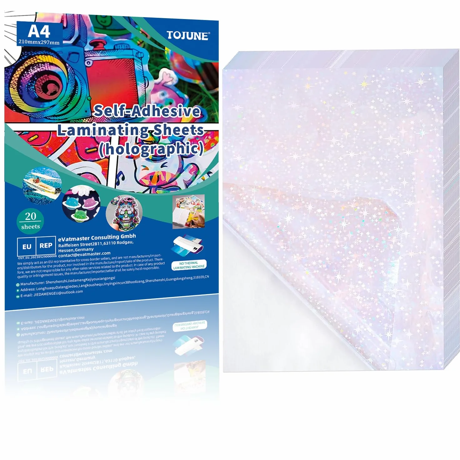 Holograficzne Samoprzylepne Folie Laminujące A4 50mikronów, Wodoodporna Folia do Laminowania na Zimno, Wysokiej Jakości Folia do Laminowania na Rękodzieło, Zdjęcia, Menu, 20 Sztuk (Gwiazdka)