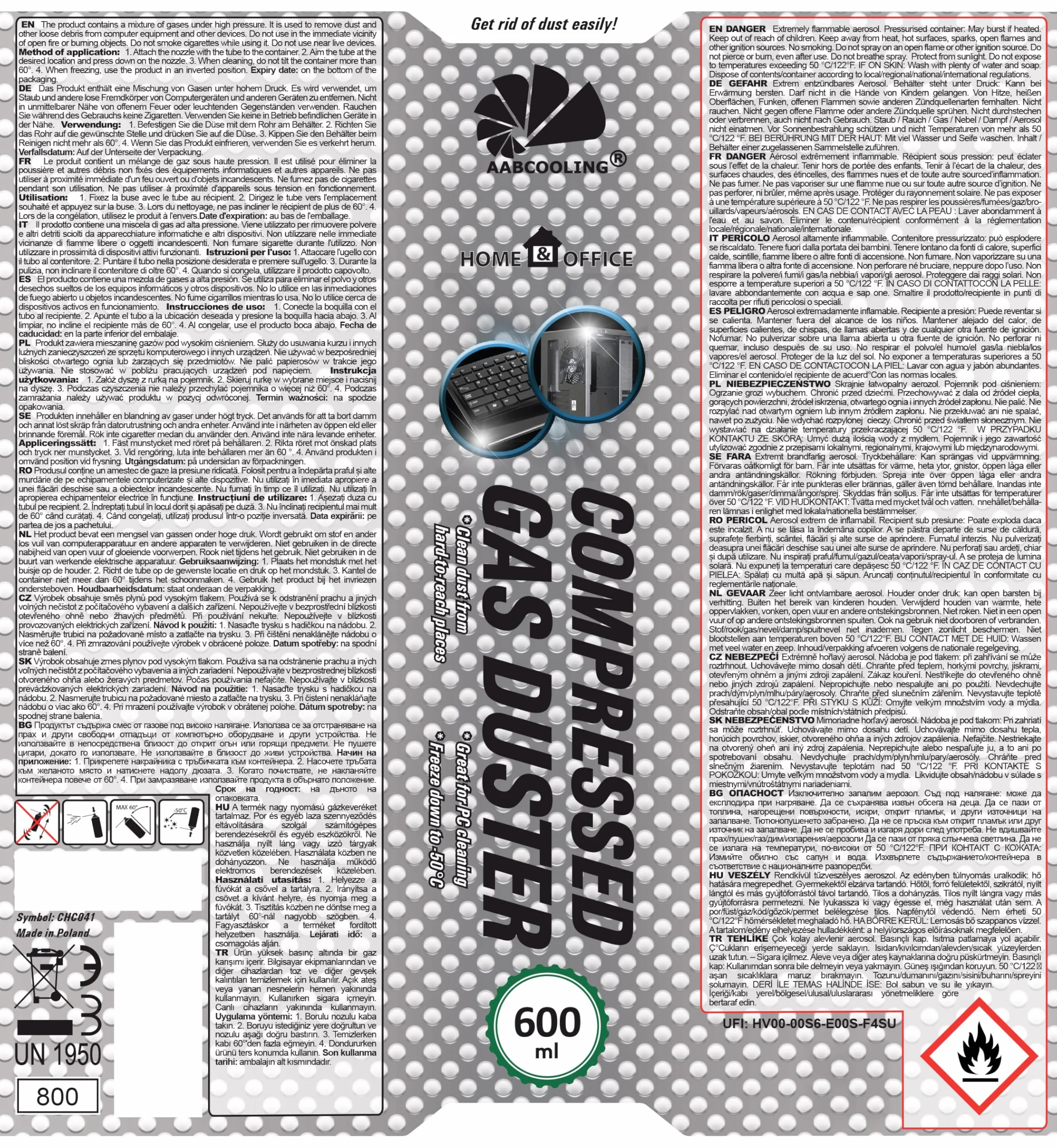AABCOOLING 4x 600ml Compressed Gas Duster Spray do Czyszczenia Biura, Sprężone Powietrze, Aerozol, Laptop, Komputer, Klawiatura
