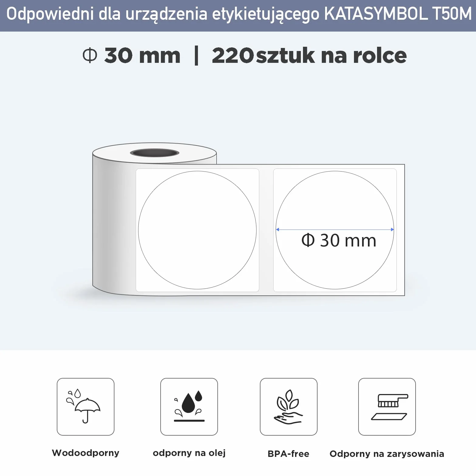 SUPVAN KATASYMBOL T50M Pro Taśma Do Drukarki Etykiet, Papier, Wodoodporne Etykiety Do Domu, Szkoły, Biura, φ 30 mm, 220 Etykiet/Rolka,1 Rolka, Czarny Na Biały