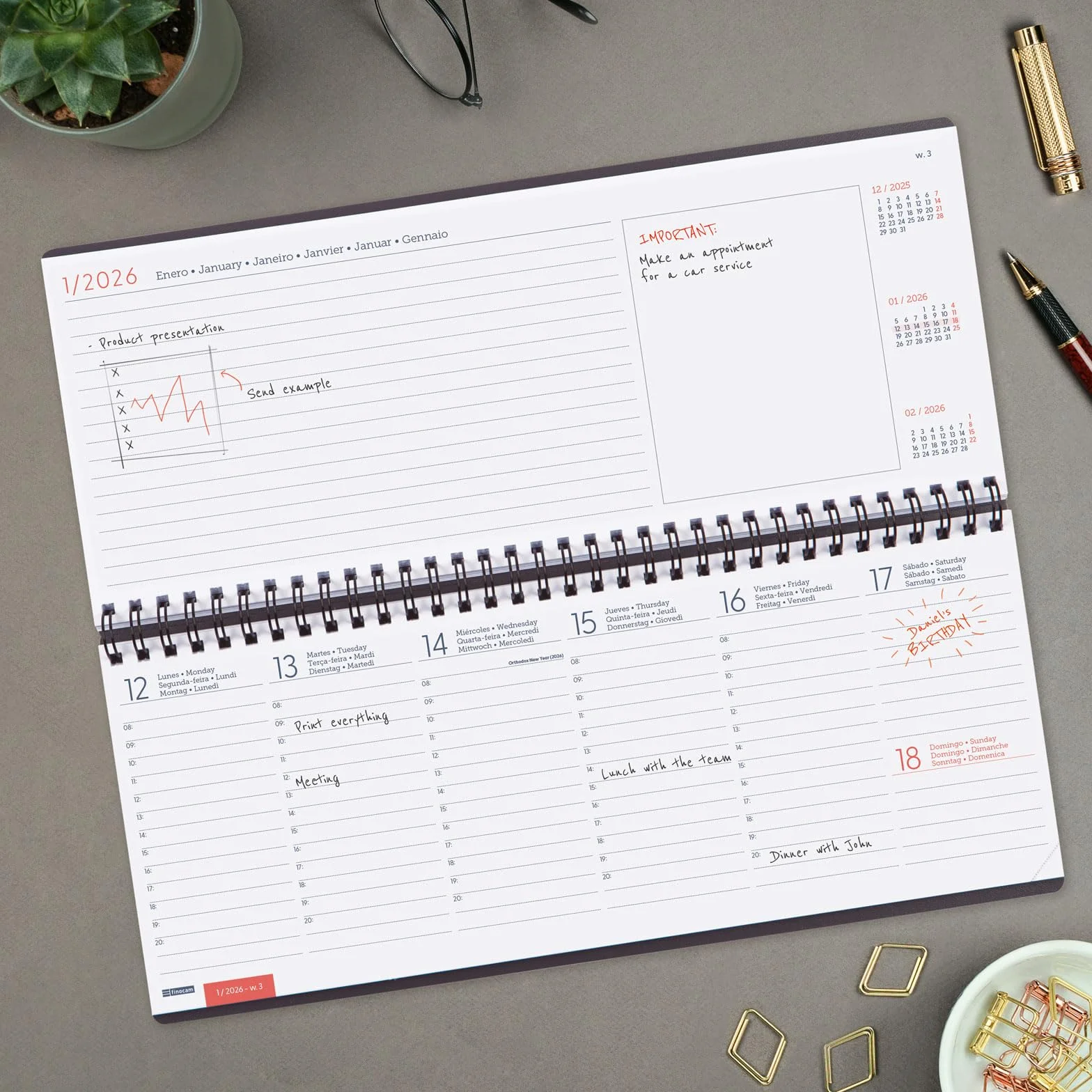 Finocam Diary Planner 2026 Week to View Notes Grey International