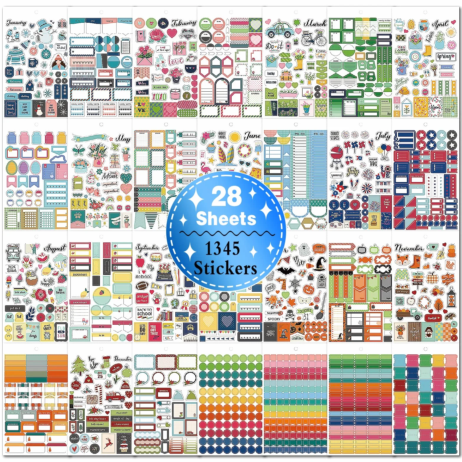 1345PCS Naklejki Agenda, 28 Arkuszy Planner Naklejki Bullet Journal, Planowanie Pracy, Budżetu i Dekoracji