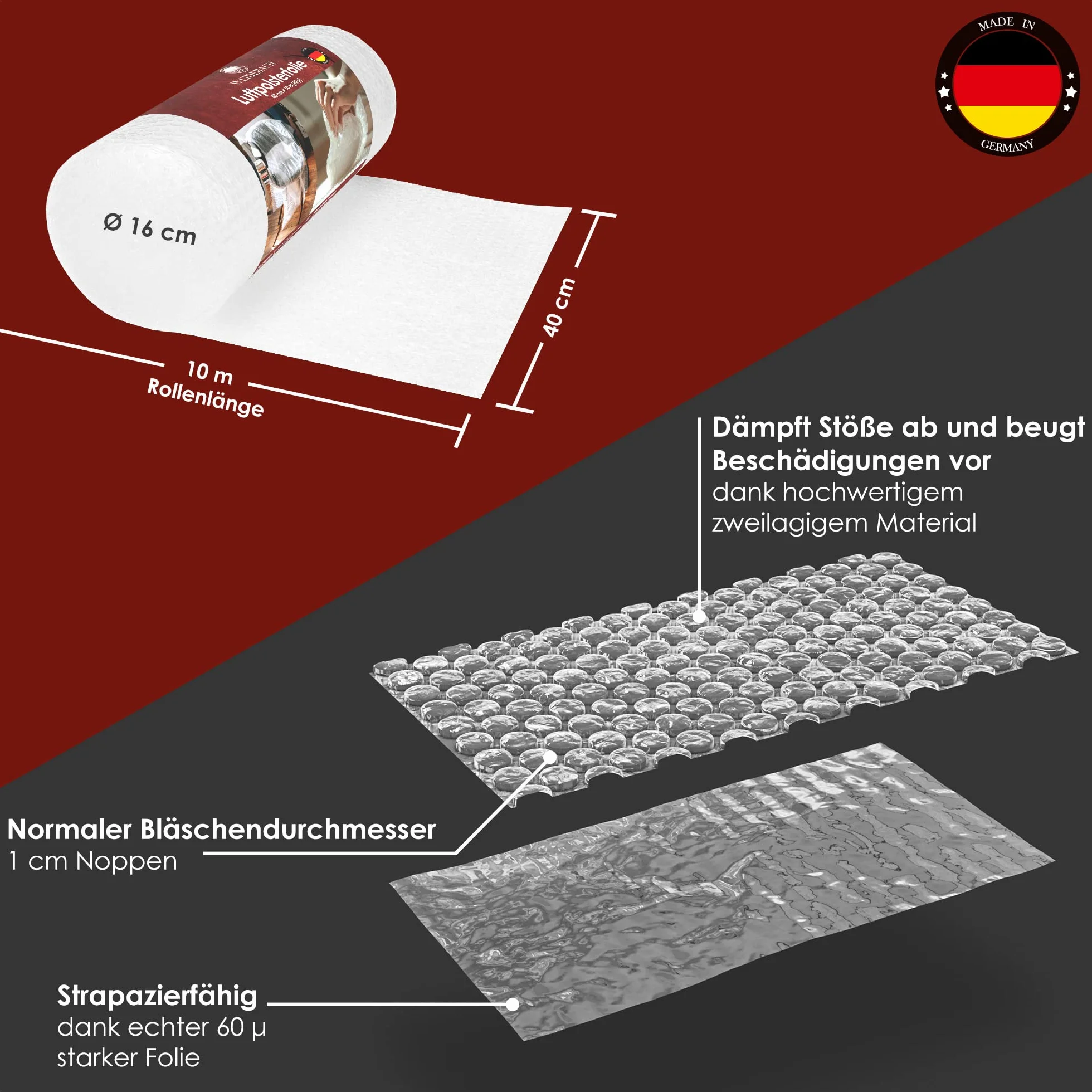 Weidebach Folia Bąbelkowa 10 m x 40 cm 60 µ 2-warstwowa Bubble Wrap