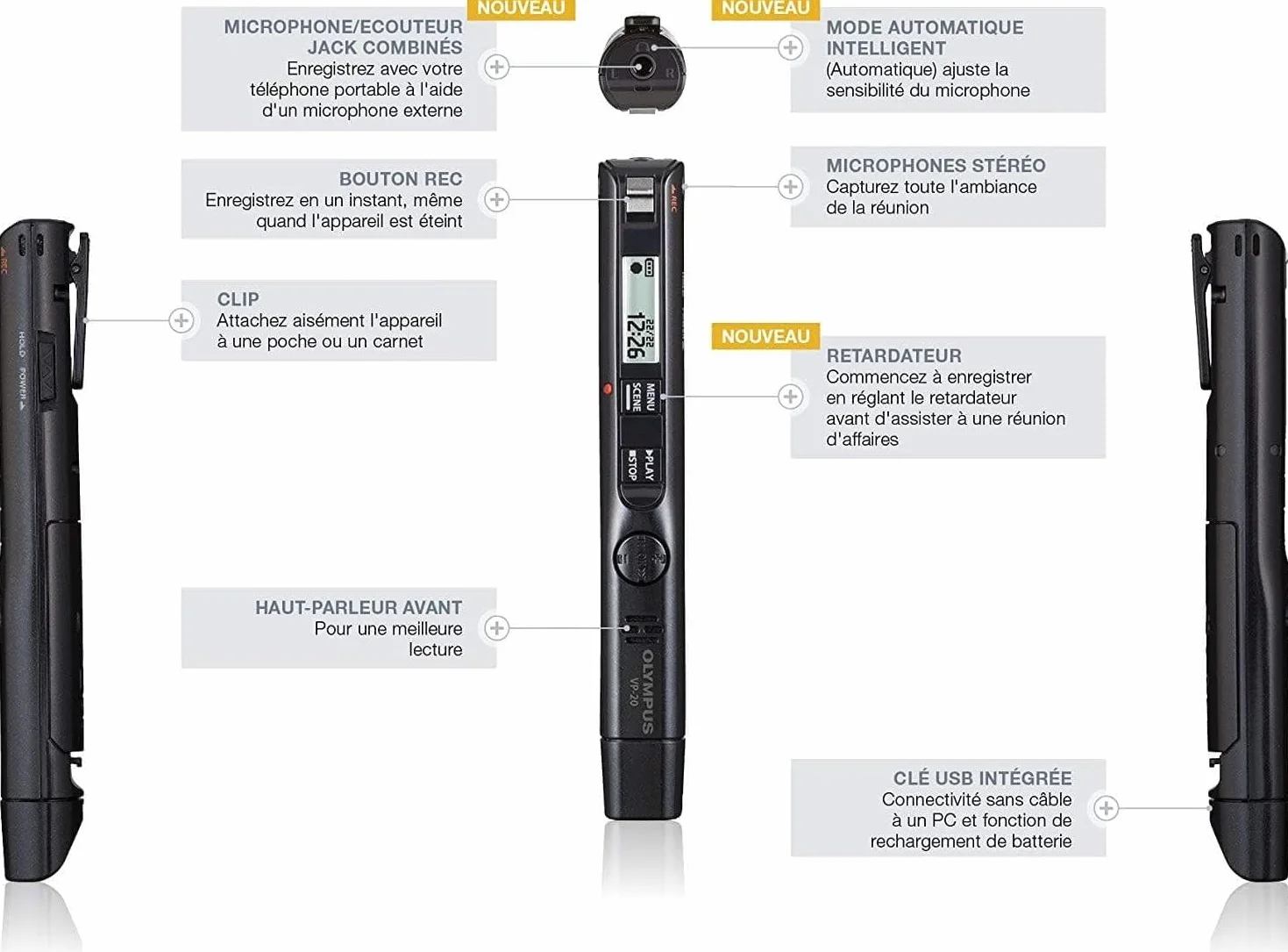 Olympus VP-20 dyktafon stereo z mikrofonem wielokierunkowym, filtrem przeciwszumowym, nagrywanie jednym kliknięciem, złącze USB