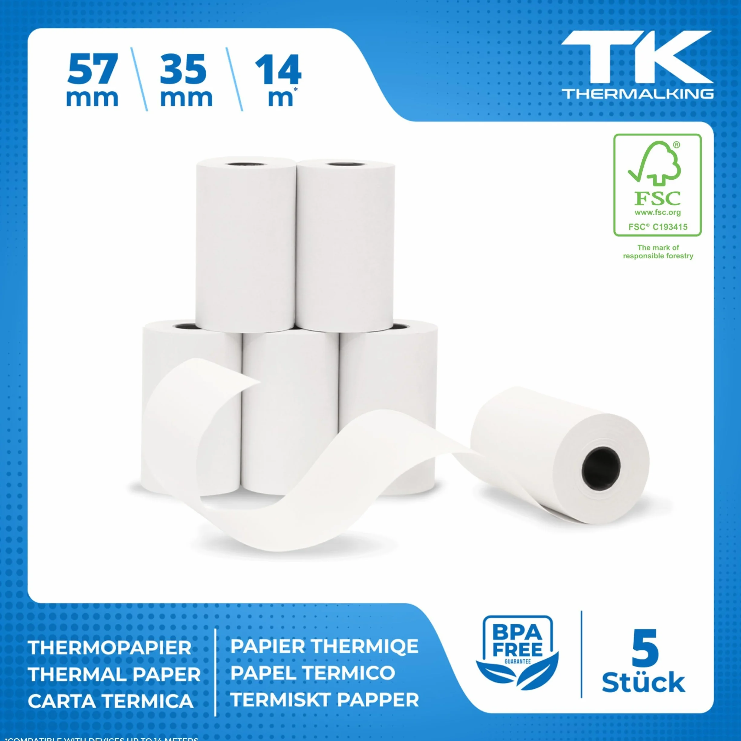 5 x rolki termiczne EC Cash - Szerokość: 57 mm - Średnica: 35 mm - Średnica tulejki: 12 mm - Długość: 14 m - do drukarek bonusowych, terminali EC itp.