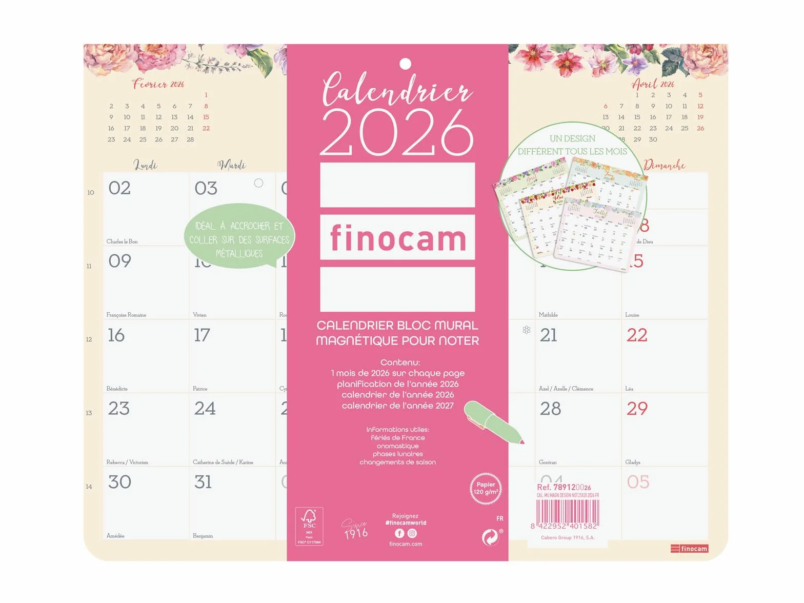 Finocam Kalendarz magnetyczny 2026 1 miesiąc na stronę Planer miesięczny Design Blok
