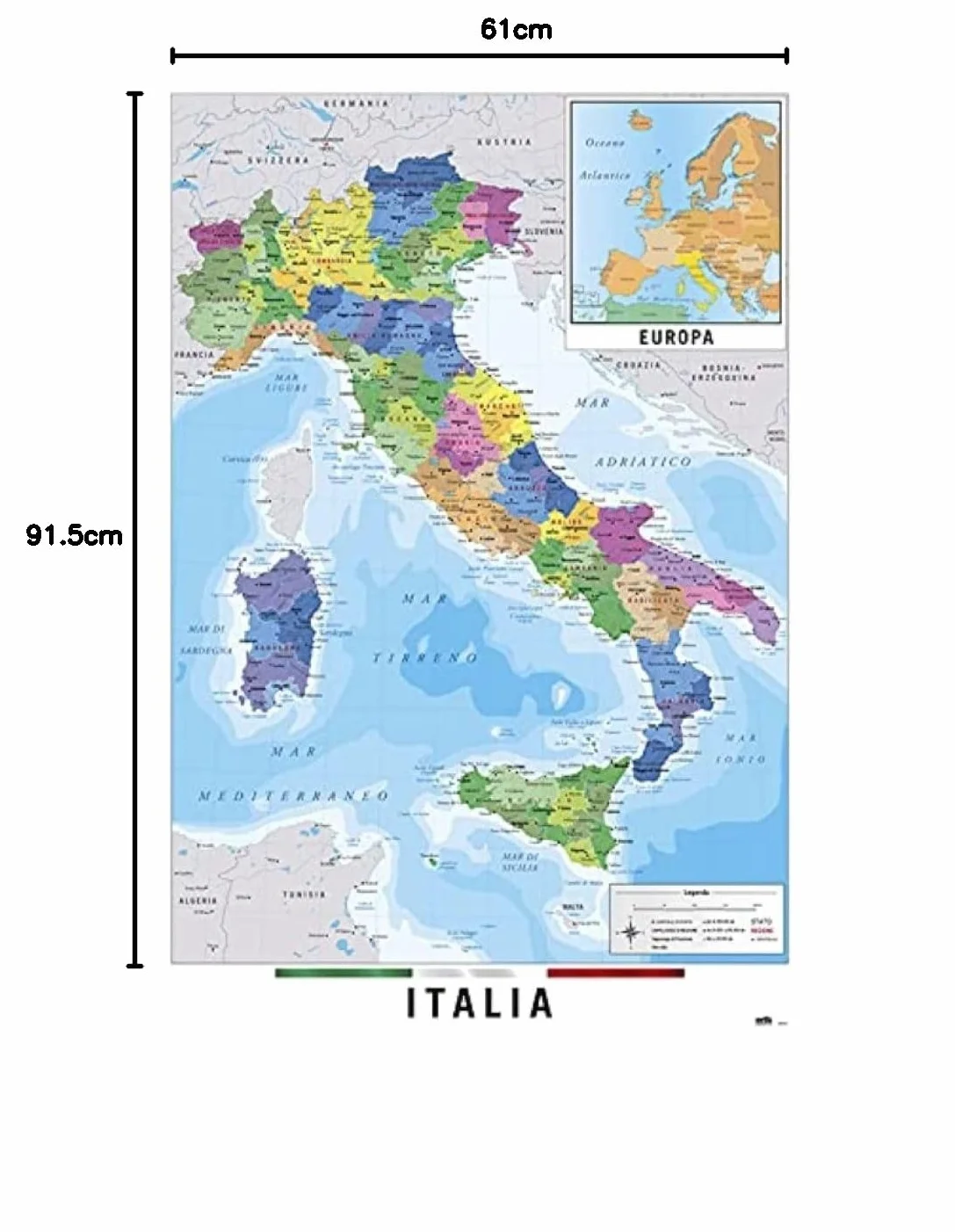 Grupo Erik Mapa Italia Físico Politico Mapa Włoch, Papier, Wielokolorowy, 91.5 x 0.1 x 61 cm