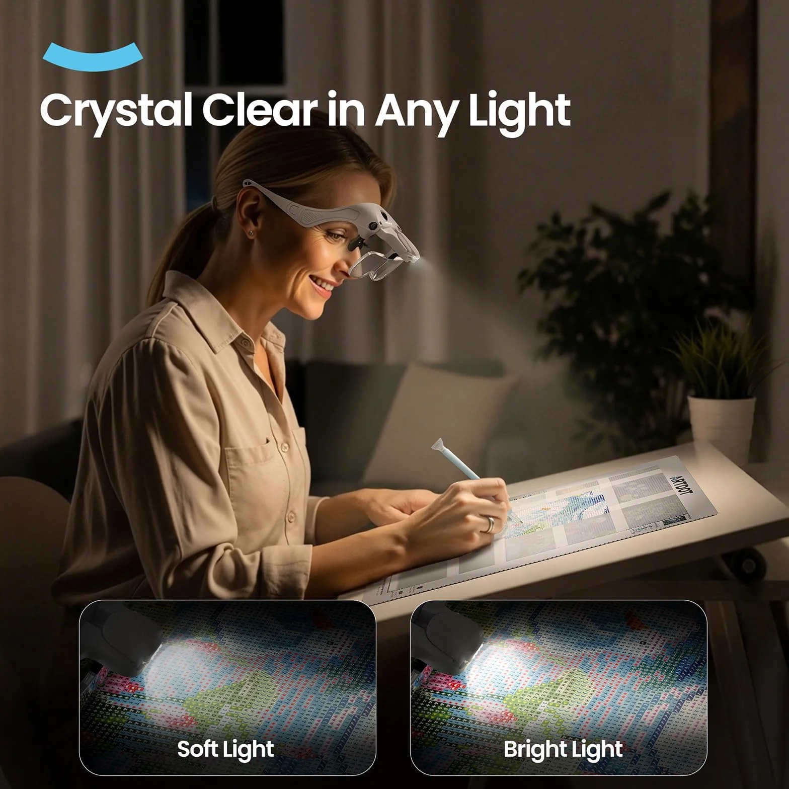 ARTDOT Diamond Painting LED Lupa na Głowę, Wolnoręczną i Akumulatorową Lupa Jubilerską z 4 Diodami LED i 2 Poziomami Regulowanej Jasności do Precyzyjnych Prac, Jubilera, Haftu, Czytania.