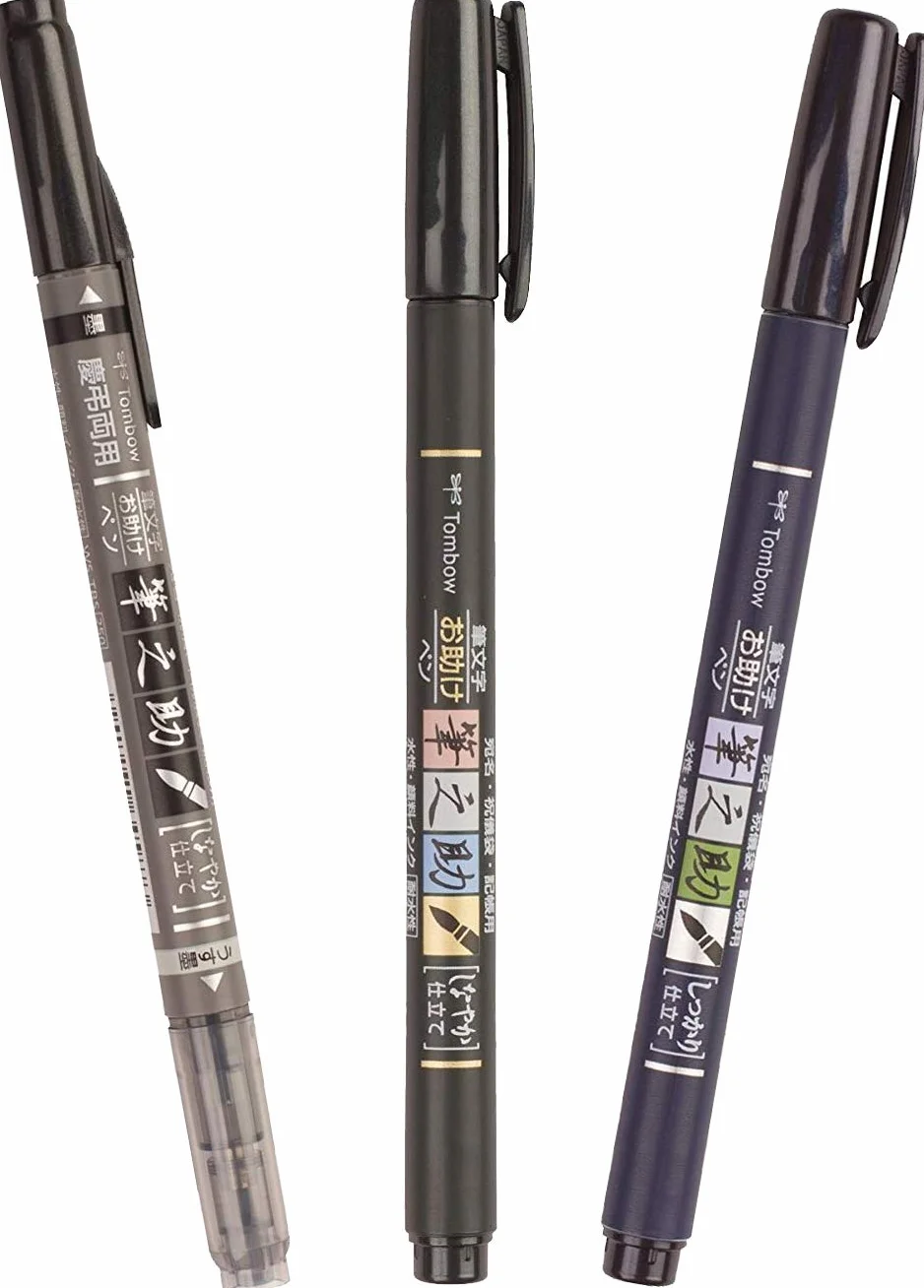 Tombow fudenosuke pisak z miękką i twardą końcówką, 2 sztuki, czarny (zestaw do kaligrafii) wraz z podwójnym pisakiem, czarny/szary