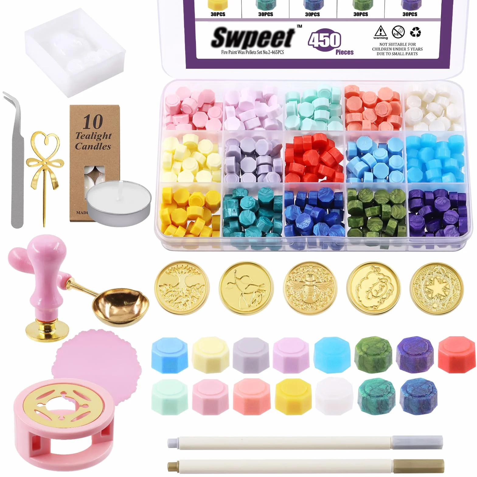 Swpeet Zestaw pieczęci woskowych, 465 sztuk, pieczęć woskowa, pieczęć woskowa, podgrzewacze wosku, koperty w stylu vintage i świeczki typu tealight, do kopert, list uszczelniających, zaproszeń