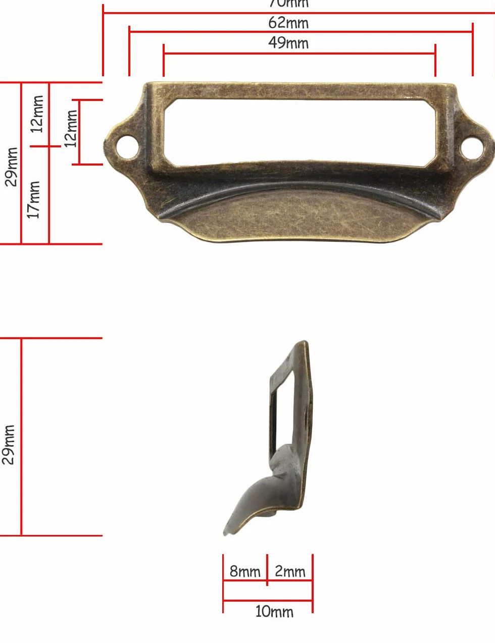 Fuxxer® 10 x okienka na etykiety, metalowe uchwyty w kolorze antycznego mosiądzu do szuflad i archiwów (70 x 29 mm)