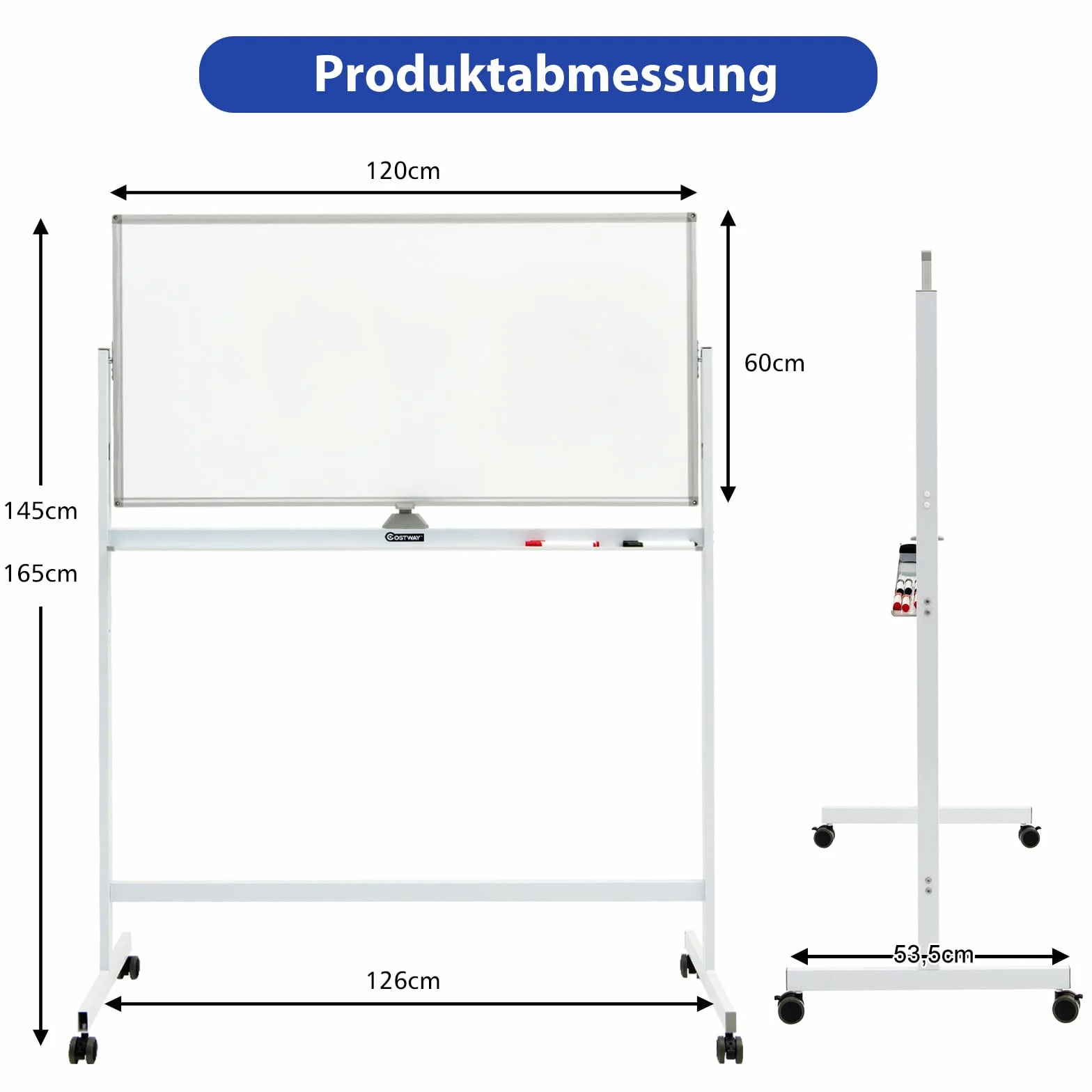 Costway przenośna biała tablica, dwustronna, magnetyczna tablica suchościeralna ze stojakiem, zwijana, suchościeralna, 120 cm x 60 cm, kolor biały, w zestawie Akcesoria do domu, biura i szkoły.